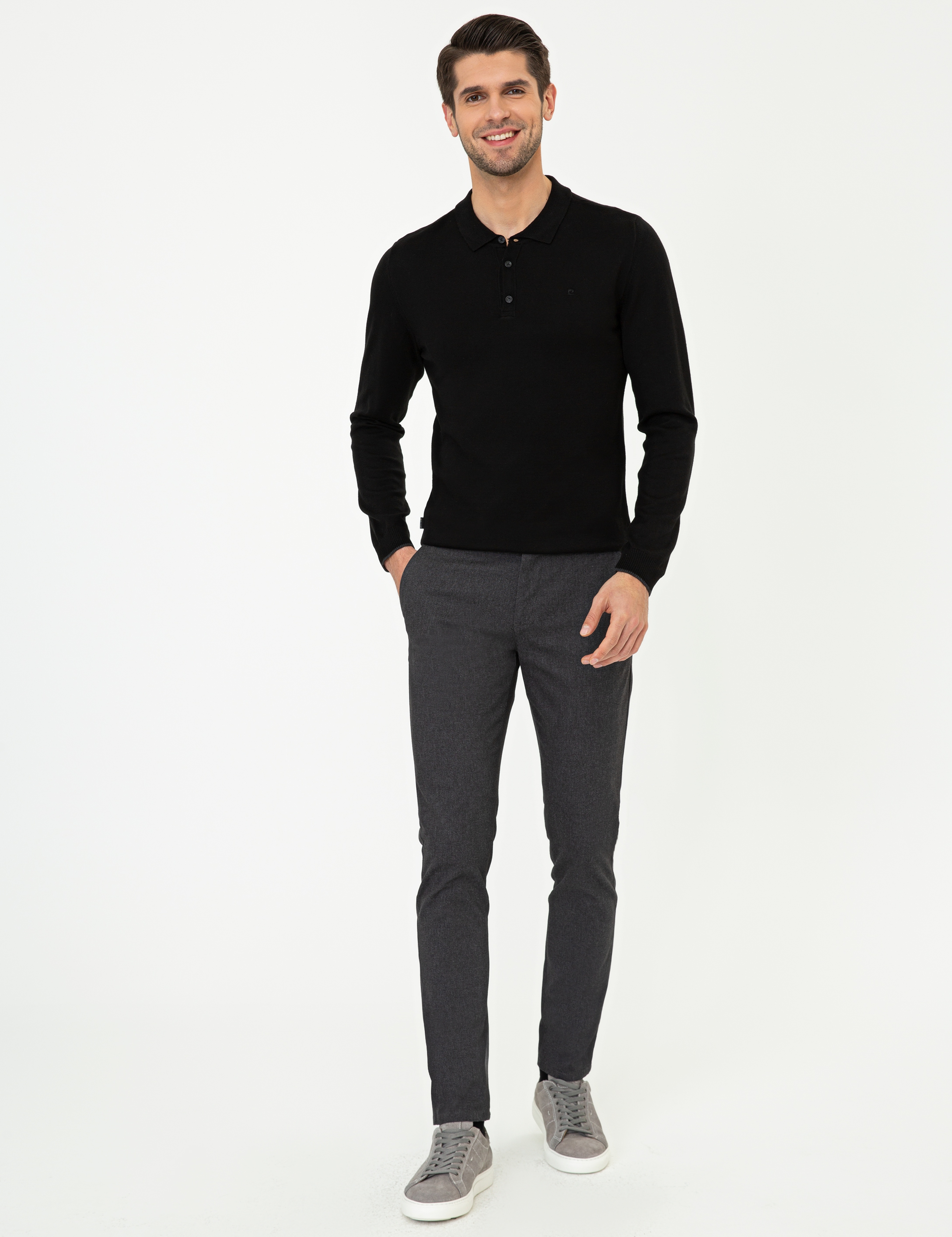 Siyah Slim Fit Polo Yaka Basic Triko Kazak - Image 5
