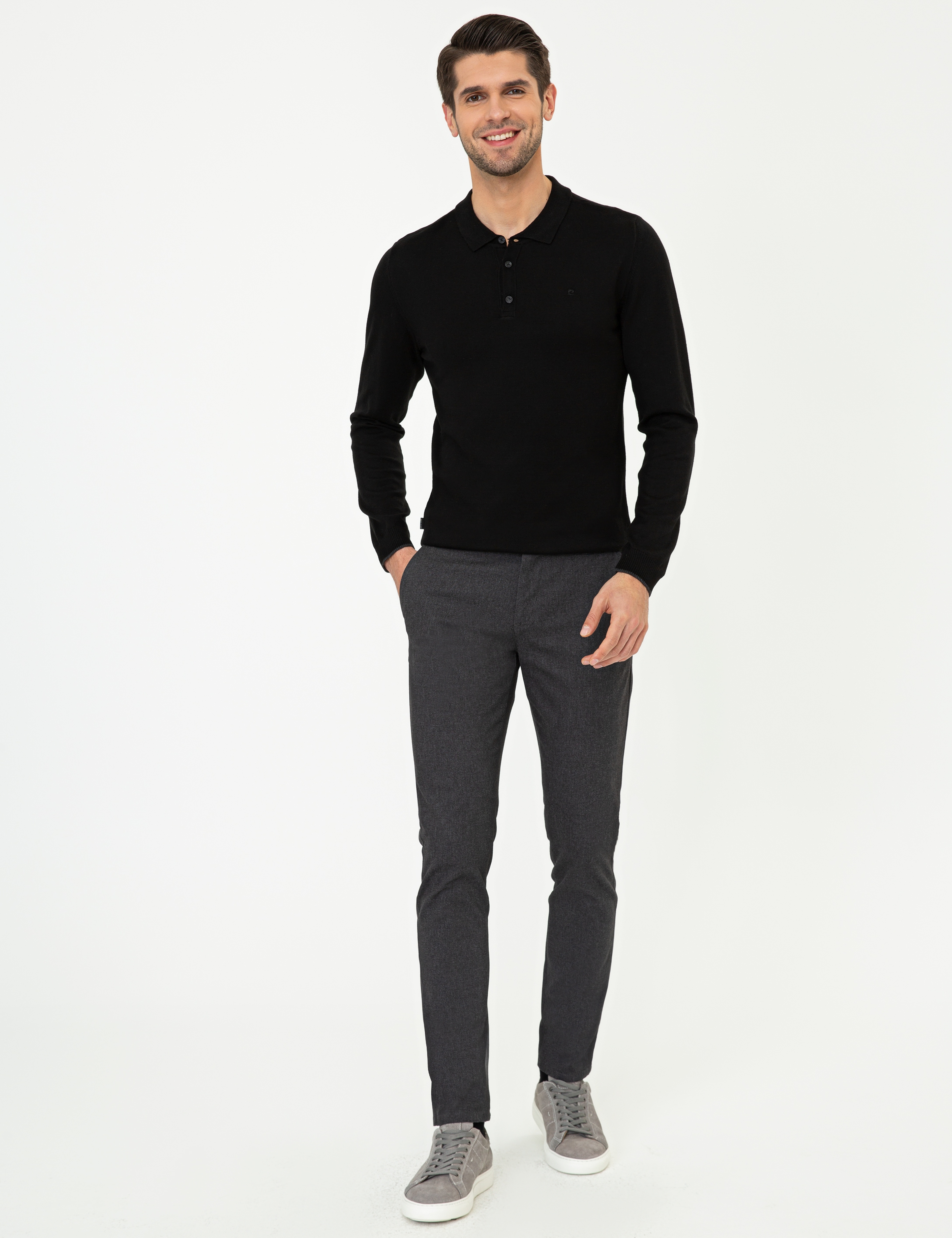 Siyah Slim Fit Polo Yaka Basic Triko Kazak