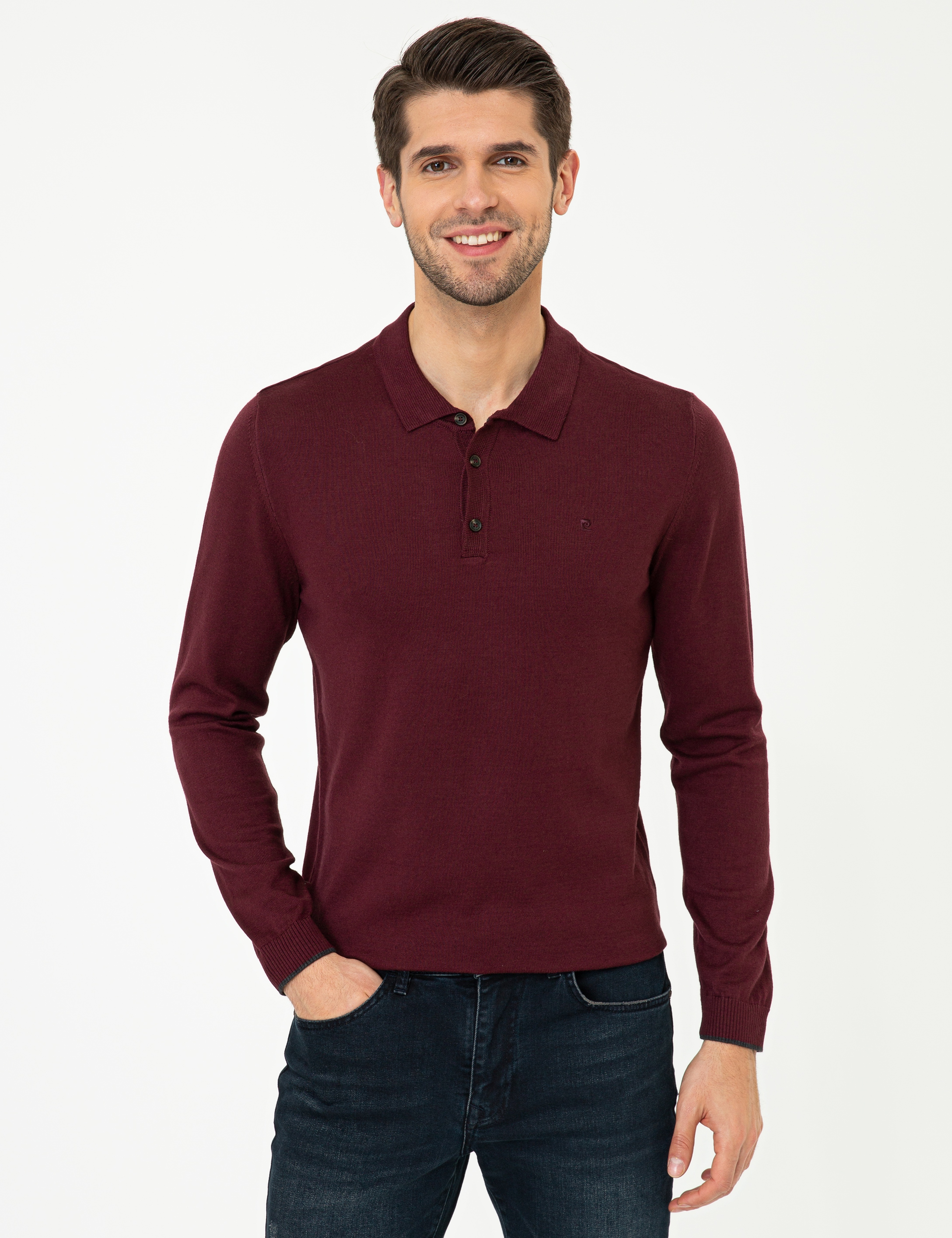 Bordo Slim Fit Polo Yaka Basic Triko Kazak - Image 1
