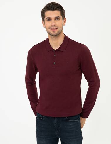 Bordo Slim Fit Polo Yaka Basic Triko Kazak