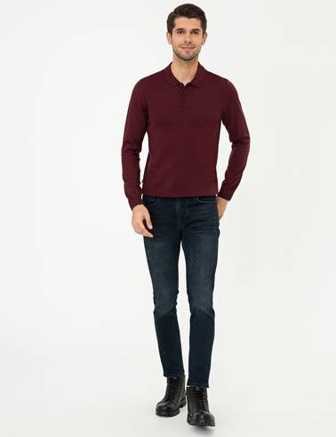 Bordo Slim Fit Polo Yaka Basic Triko Kazak
