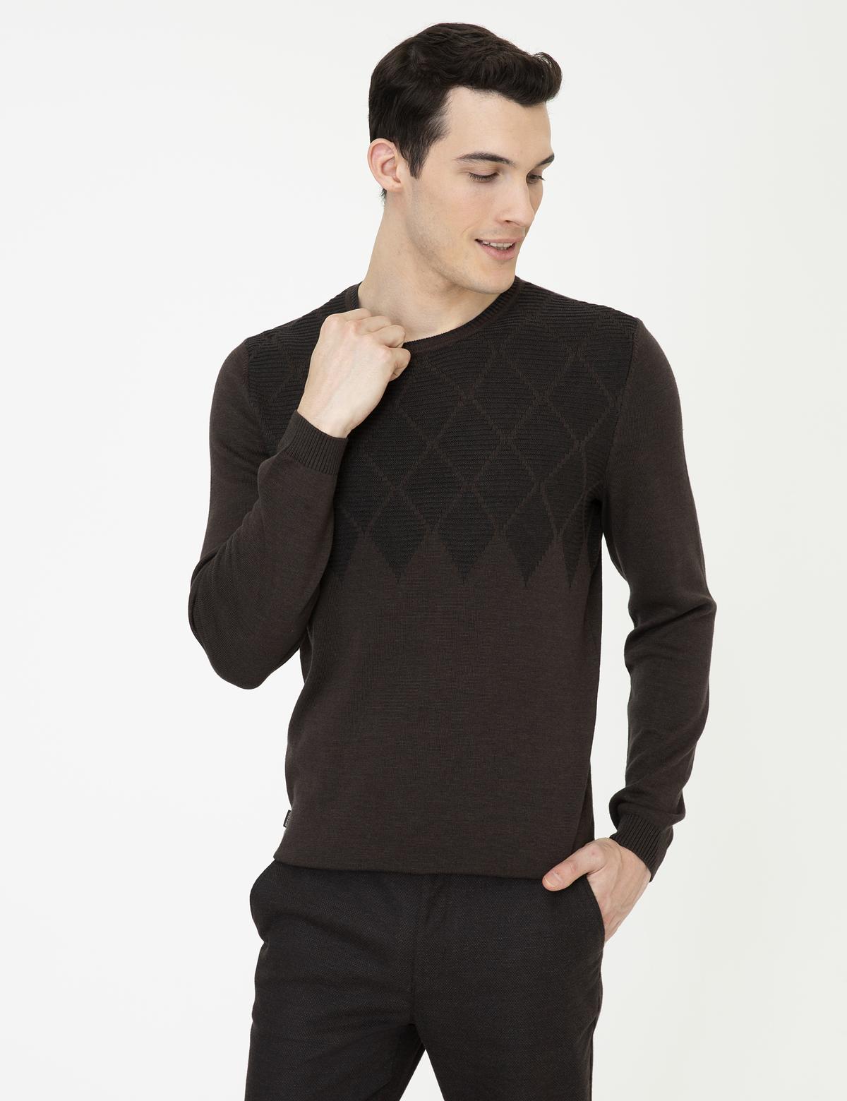 Açık Kahverengi Slim Fit Bisiklet Yaka Triko Kazak