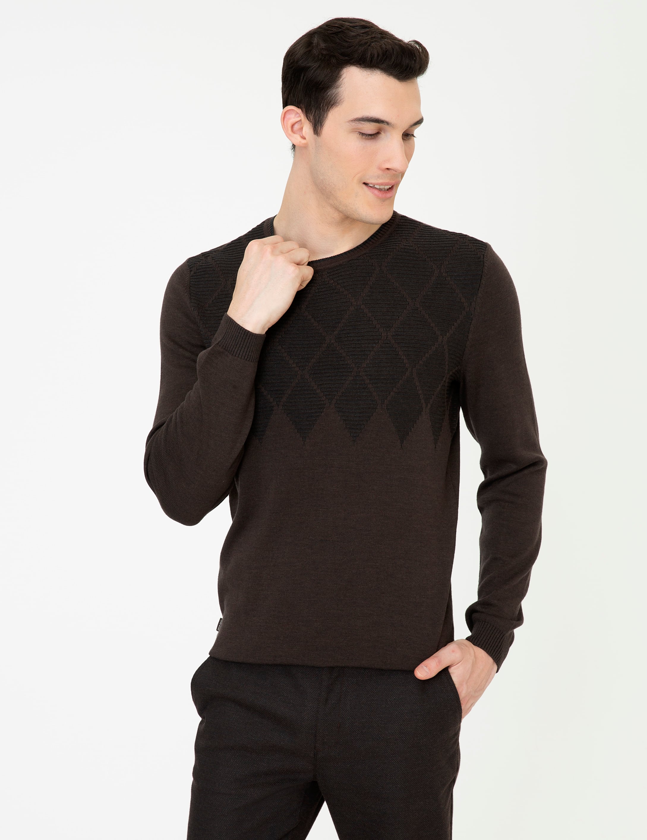 Açık Kahverengi Slim Fit Bisiklet Yaka Triko Kazak