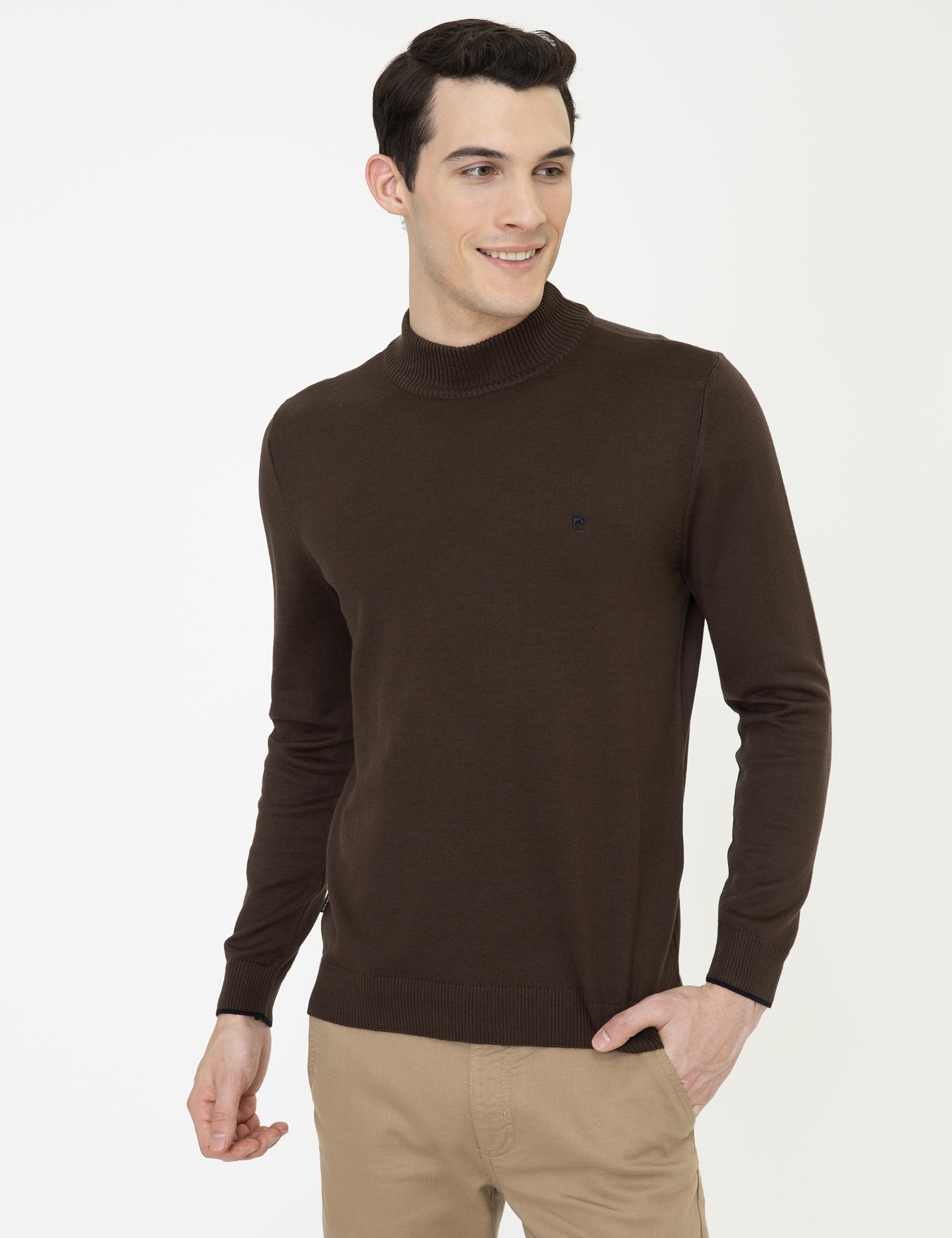 Kahverengi Slim Fit Yarım Balıkçı Yaka Basic Triko Kazak