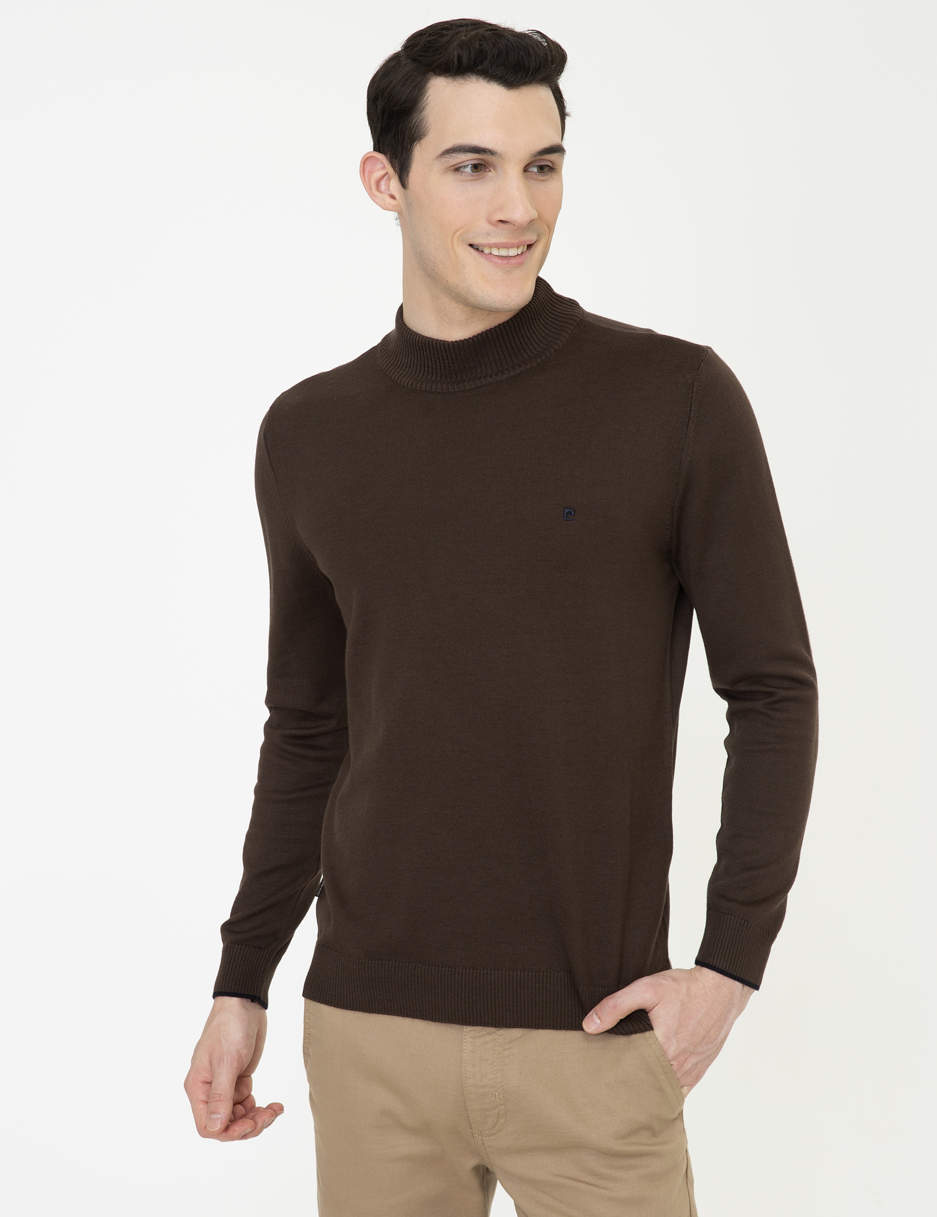 Kahverengi Slim Fit Yarım Balıkçı Yaka Basic Triko Kazak - Image 3