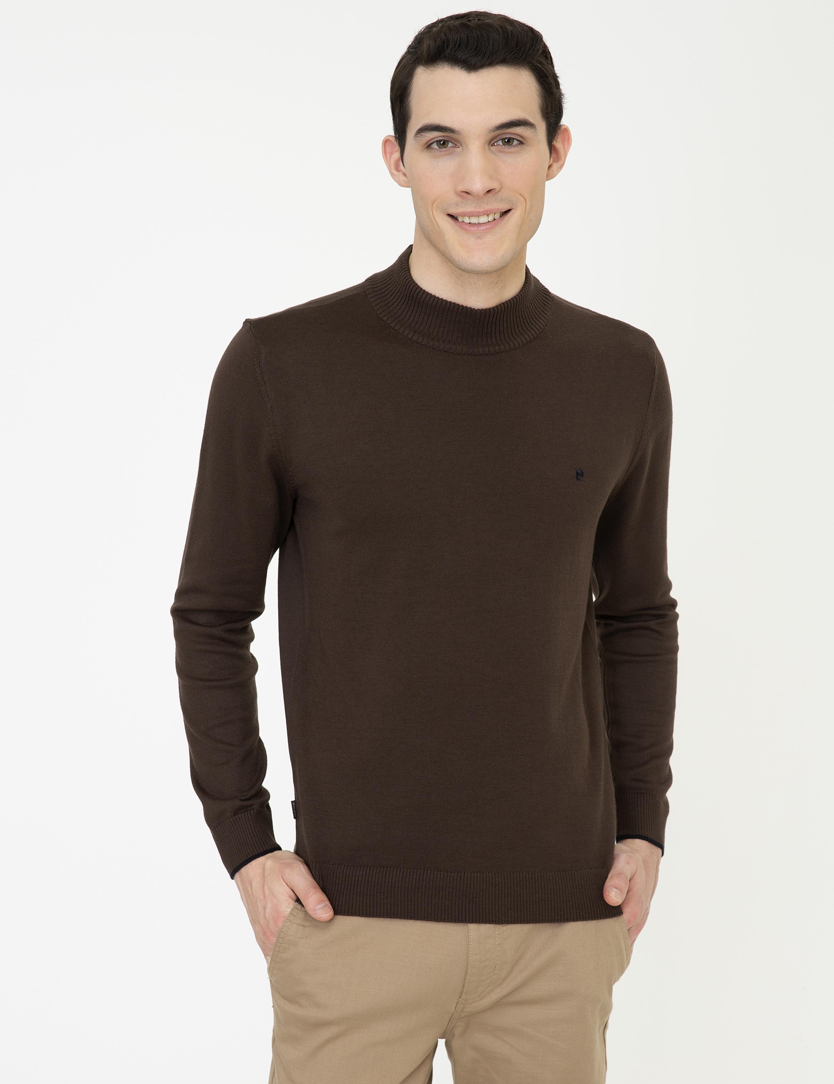 Kahverengi Slim Fit Yarım Balıkçı Yaka Basic Triko Kazak