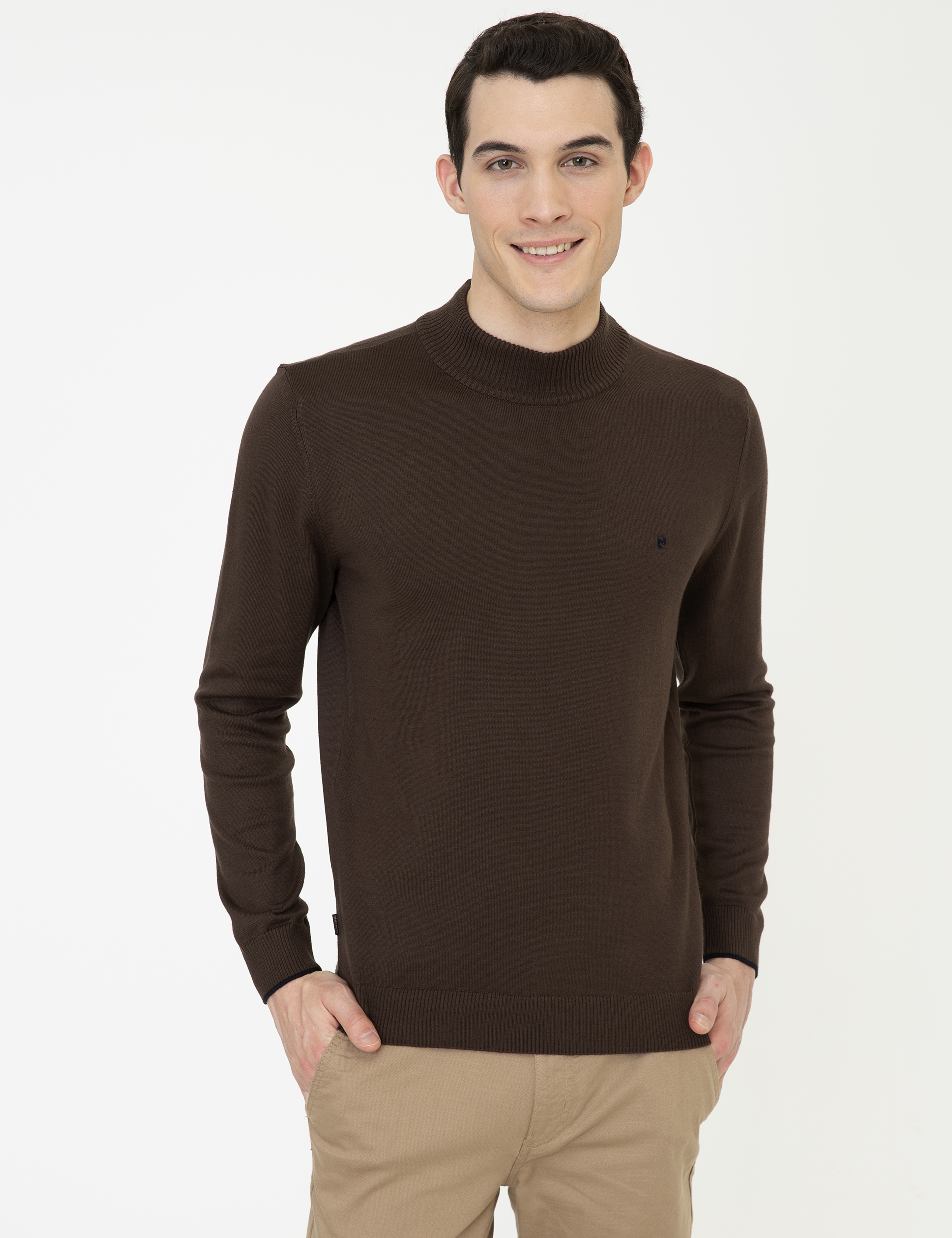Kahverengi Slim Fit Yarım Balıkçı Yaka Basic Triko Kazak - Image 2