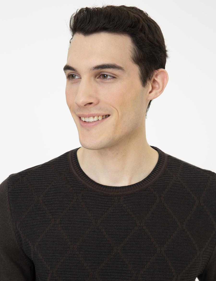 Açık Kahverengi Slim Fit Bisiklet Yaka Triko Kazak