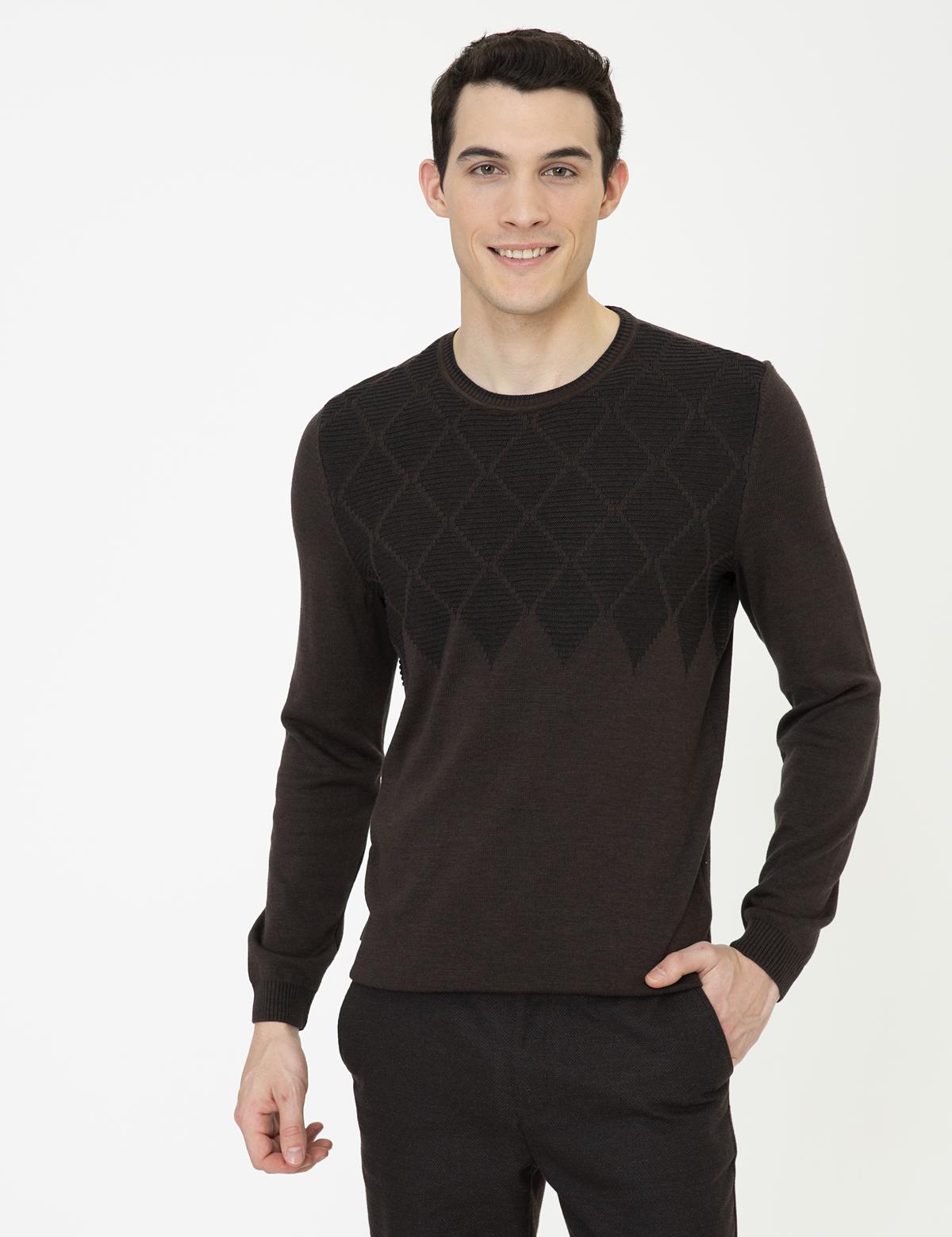 Açık Kahverengi Slim Fit Bisiklet Yaka Triko Kazak - 50241457028