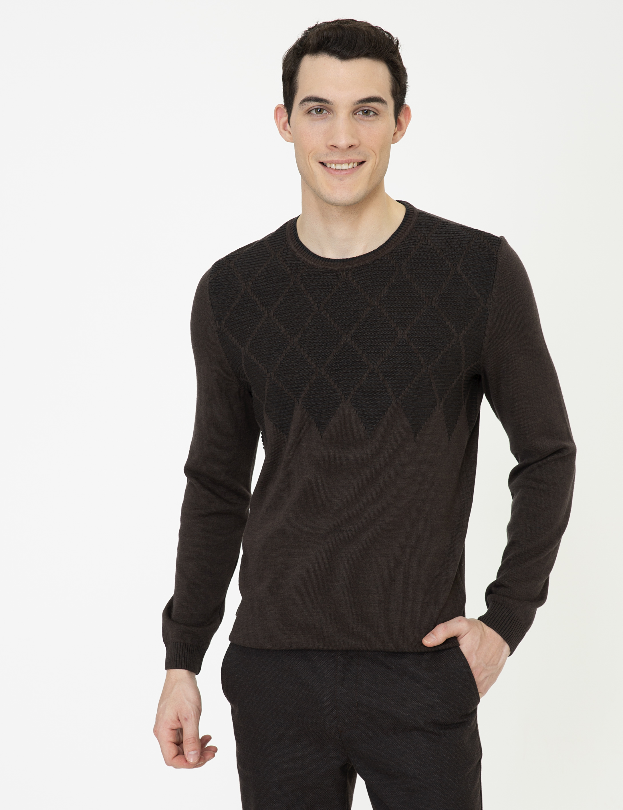 Açık Kahverengi Slim Fit Bisiklet Yaka Triko Kazak