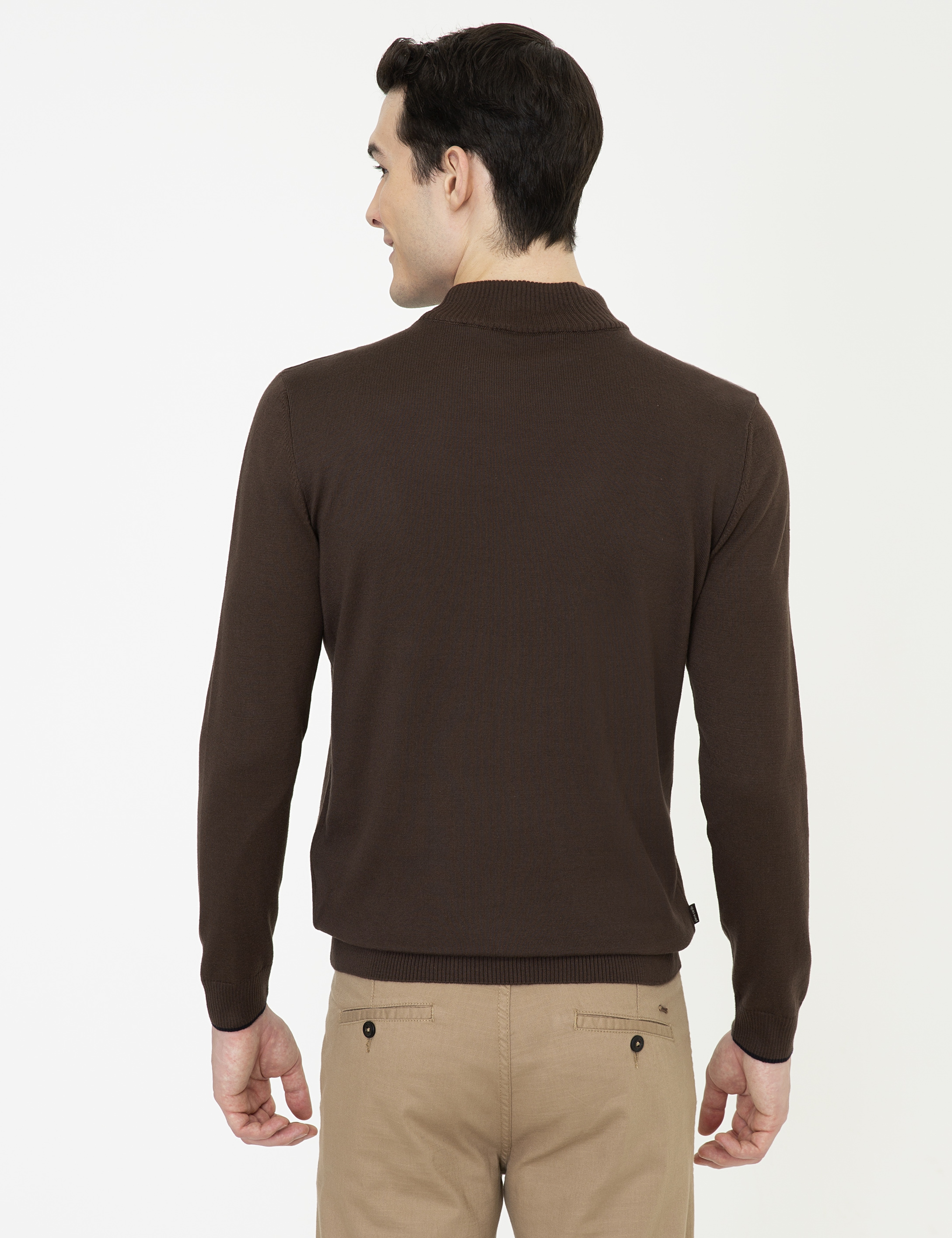 Kahverengi Slim Fit Yarım Balıkçı Yaka Basic Triko Kazak