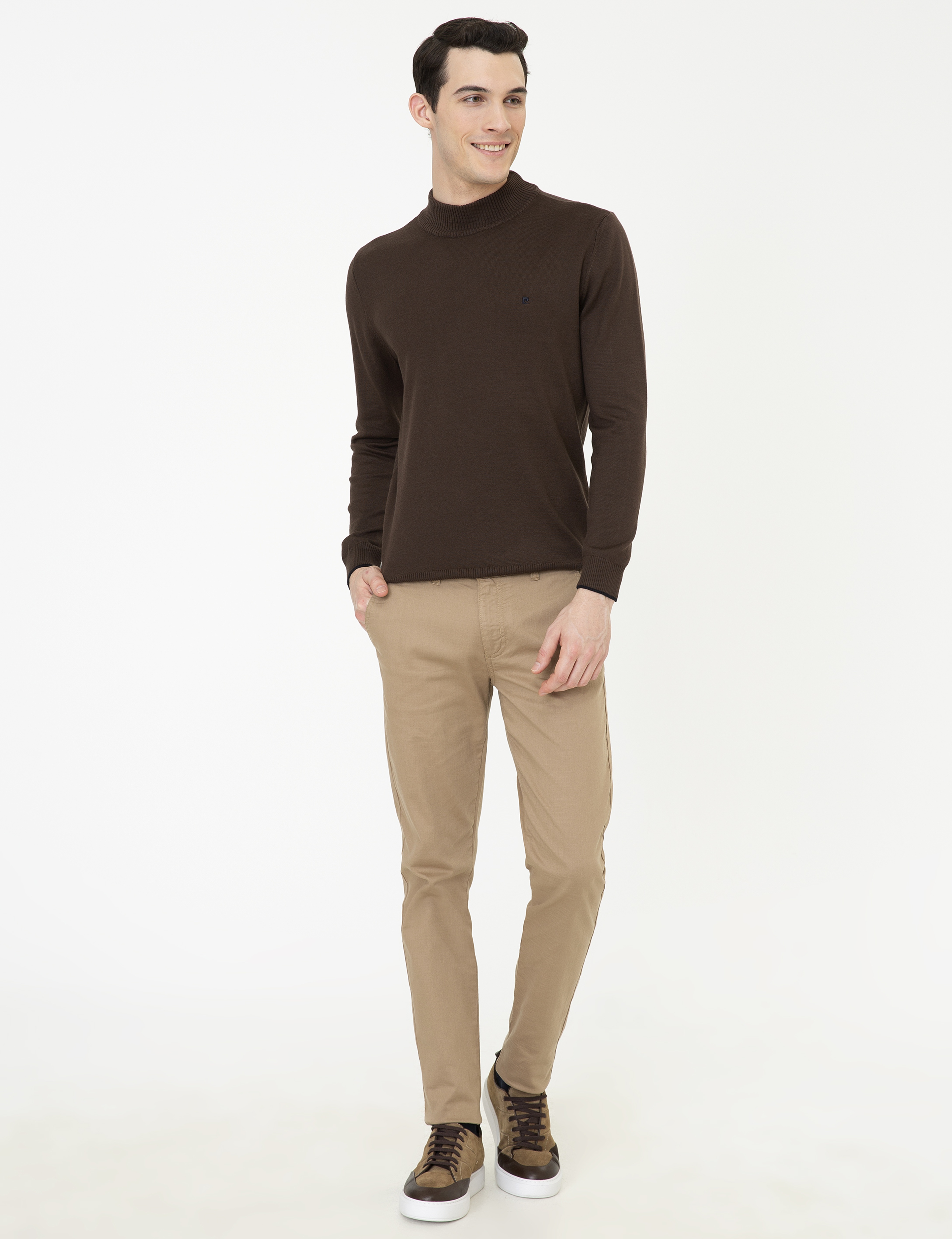 Kahverengi Slim Fit Yarım Balıkçı Yaka Basic Triko Kazak