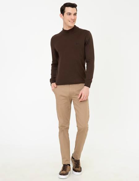 Kahverengi Slim Fit Yarım Balıkçı Yaka Basic Triko Kazak - 50248552088