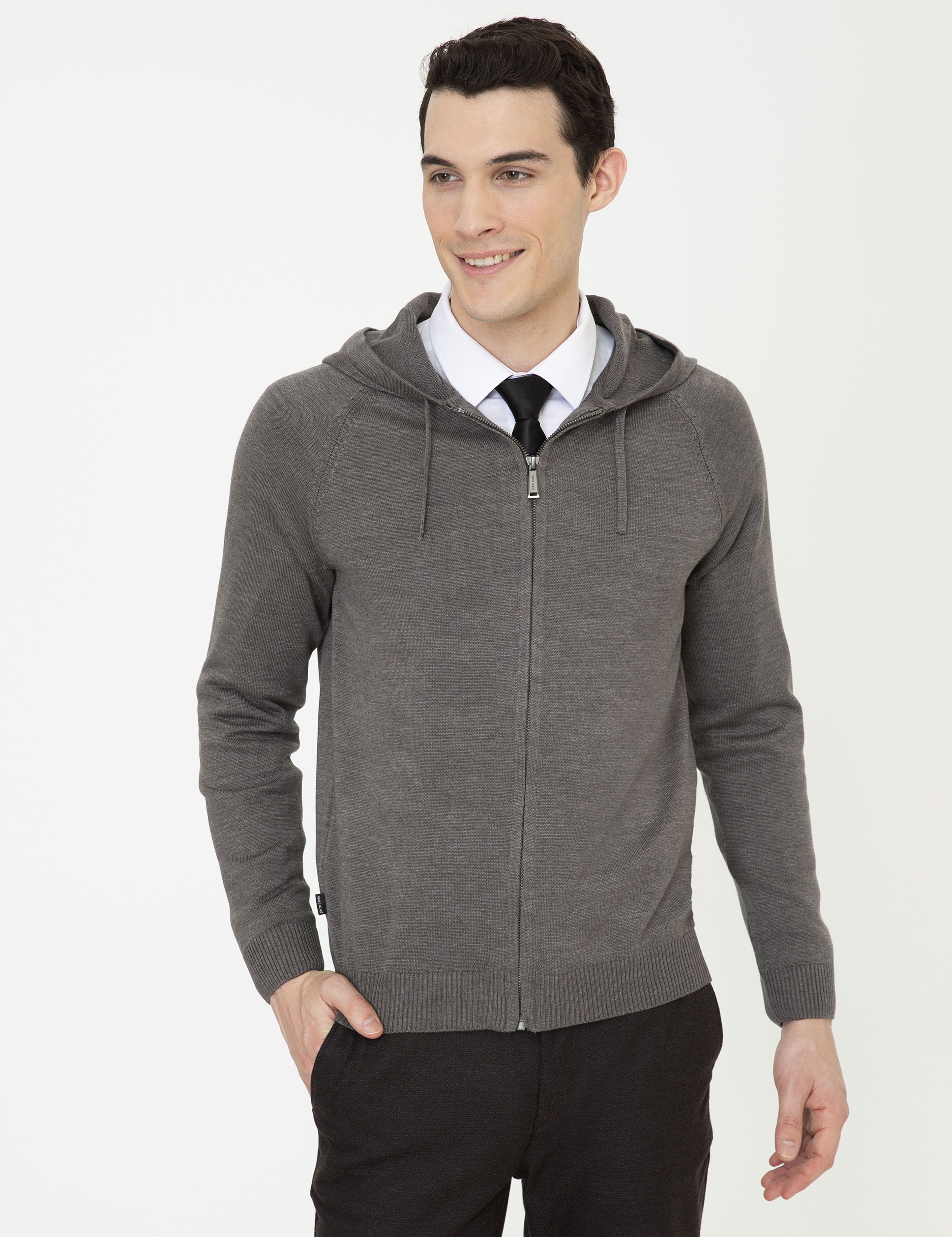 Gri Melanj Regular Fit Fermuarlı Triko Hırka - Image 3