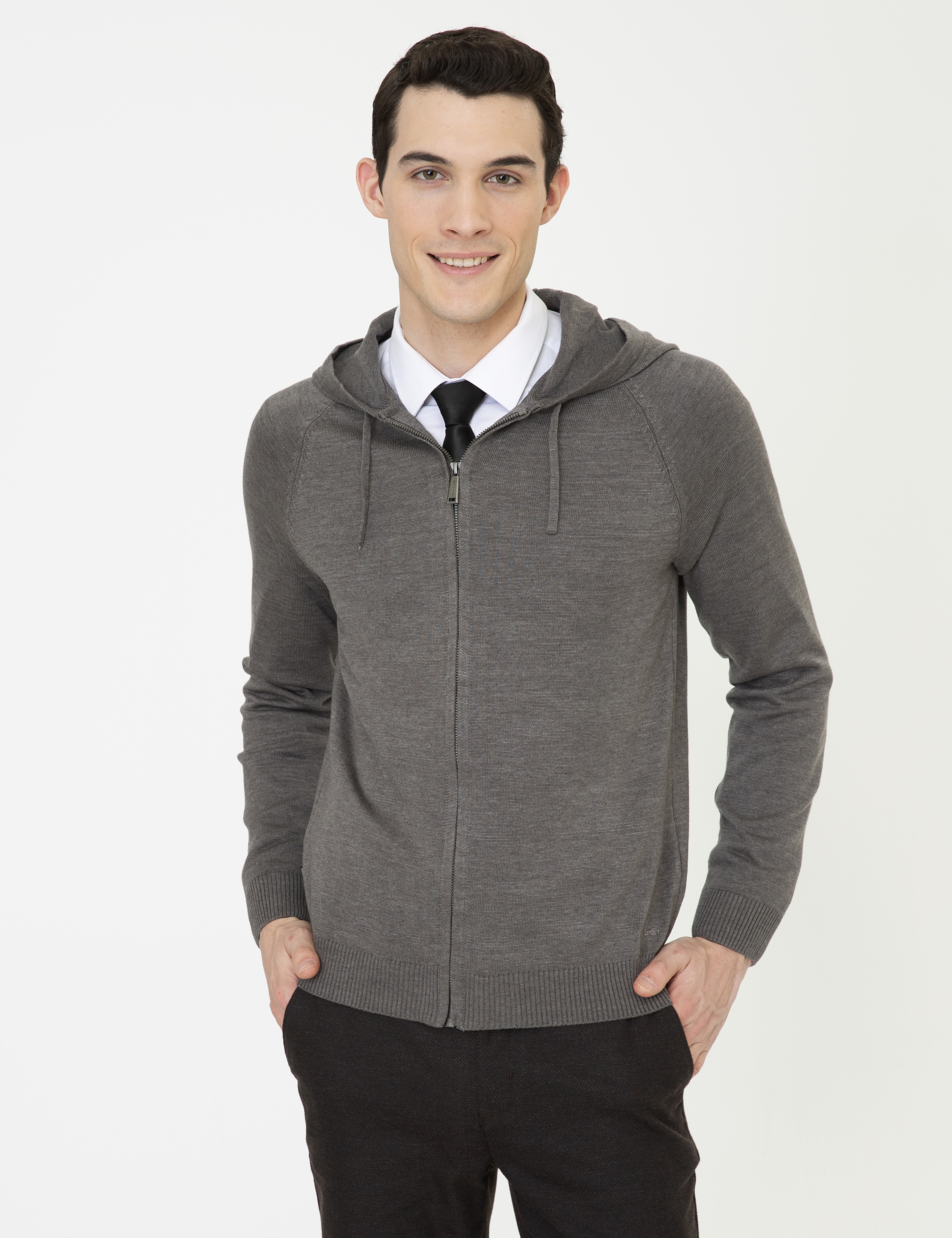 Gri Melanj Regular Fit Fermuarlı Triko Hırka - Image 1