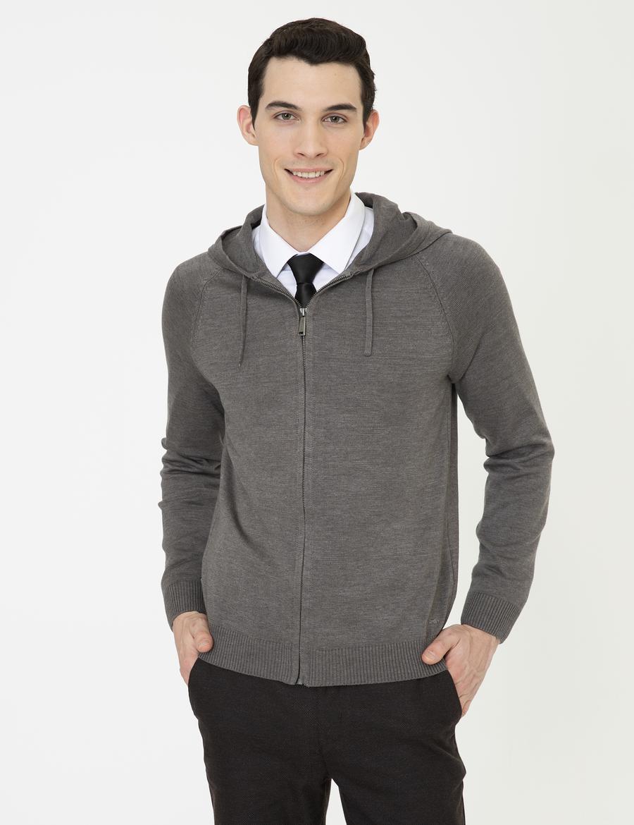 Gri Melanj Regular Fit Fermuarlı Triko Hırka