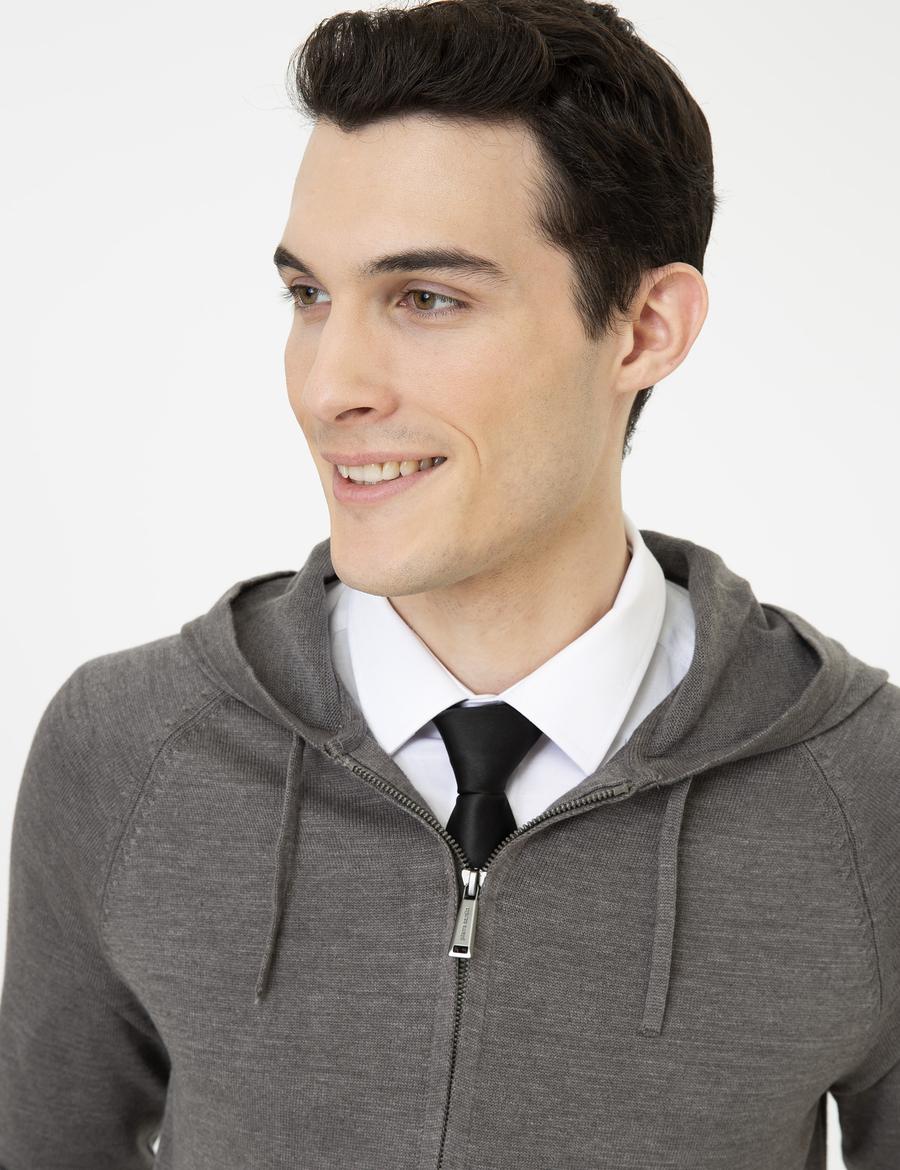 Gri Melanj Regular Fit Fermuarlı Triko Hırka
