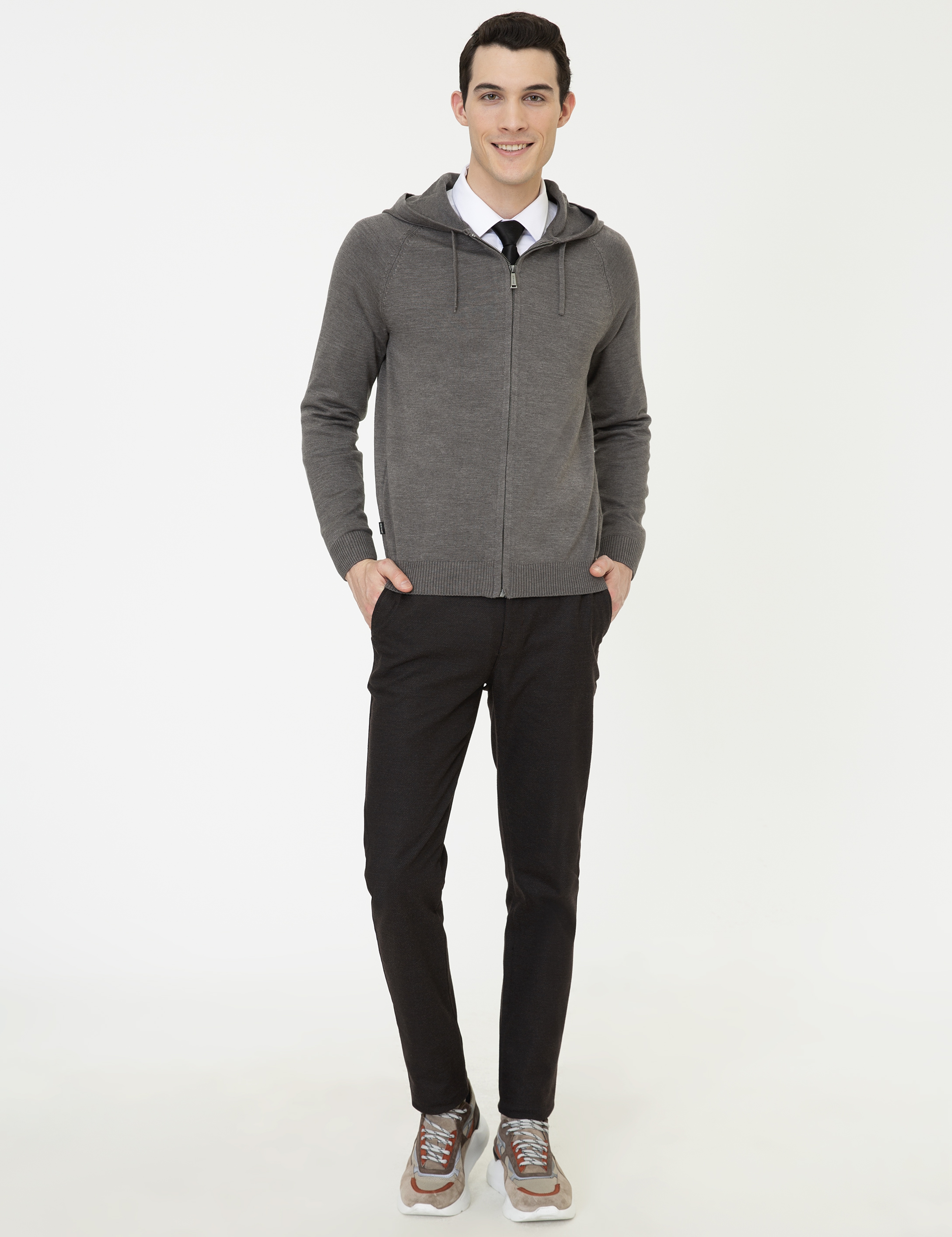Gri Melanj Regular Fit Fermuarlı Triko Hırka - Image 5