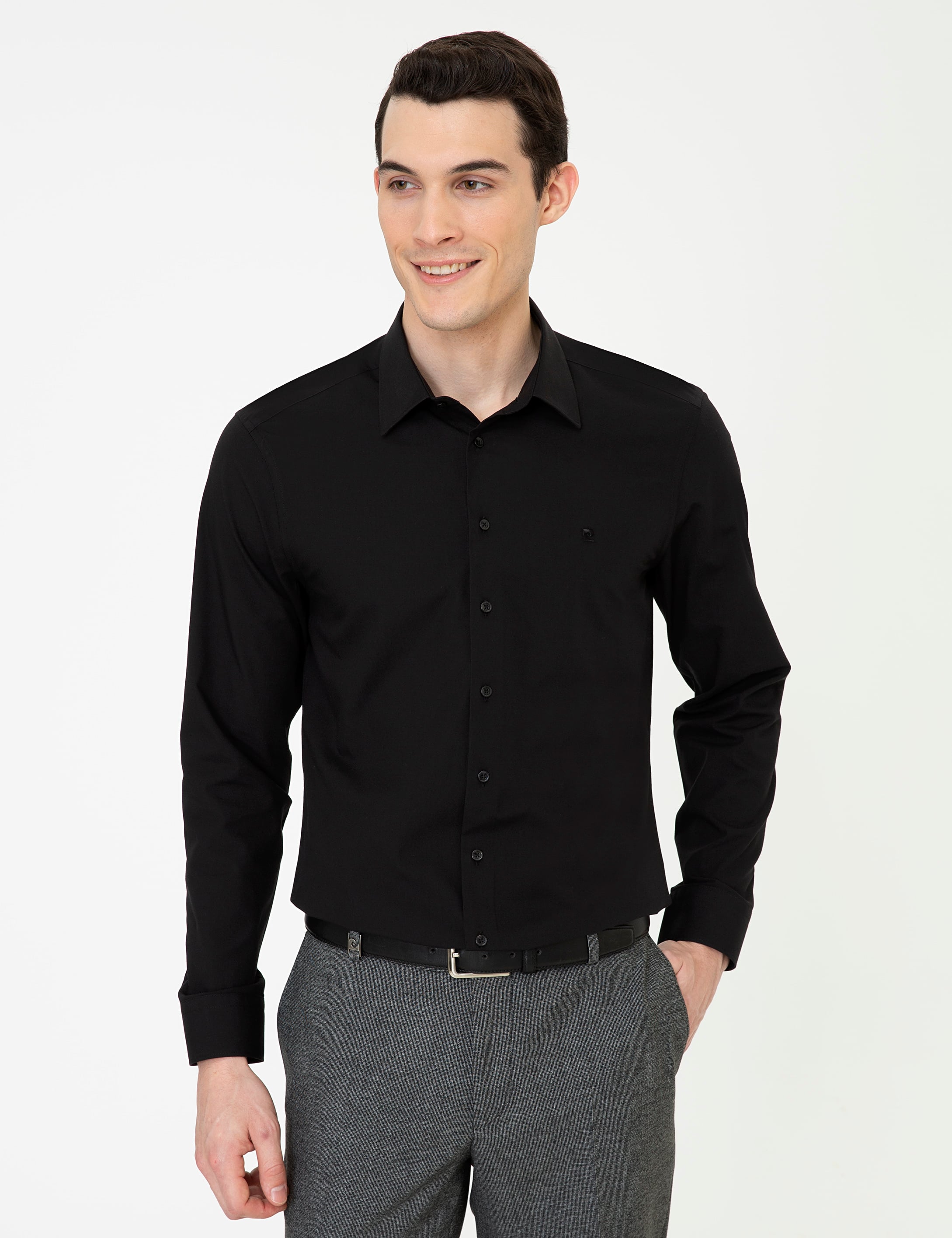 Siyah Slim Fit Uzun Kollu Klasik Gömlek - Image 1
