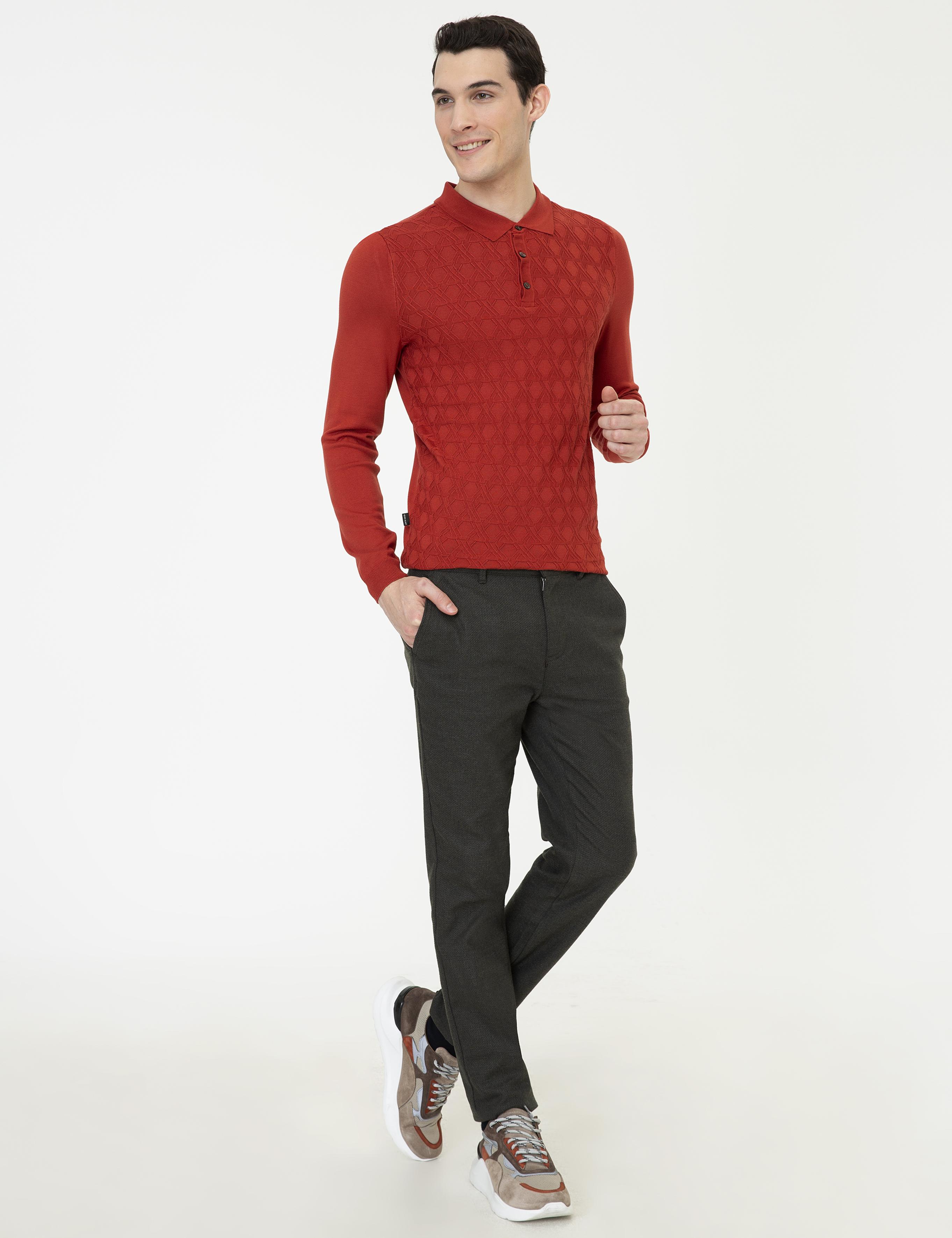 Kiremit Slim Fit Düğmeli Polo Yaka Triko Kazak