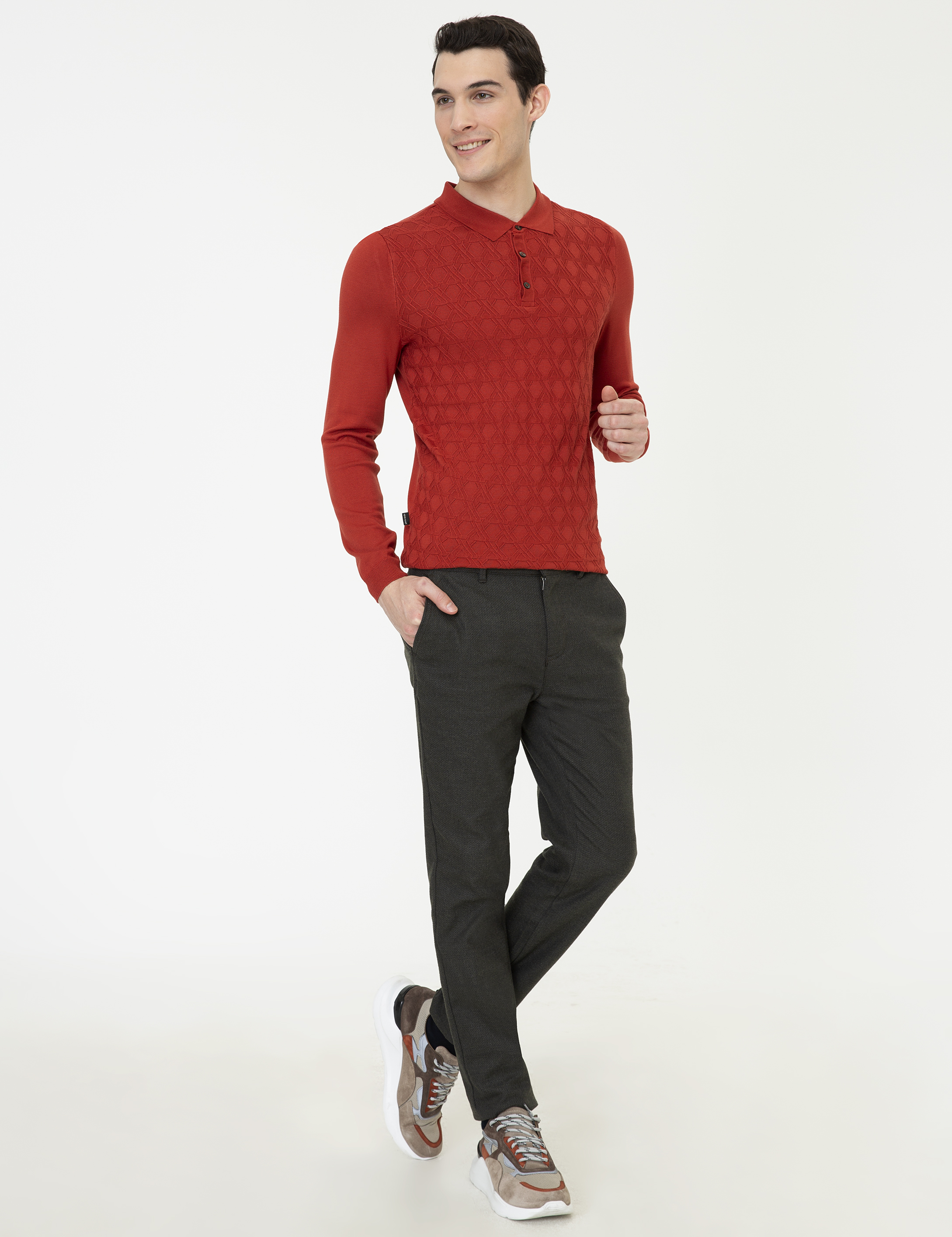 Kiremit Slim Fit Düğmeli Polo Yaka Triko Kazak - Image 5