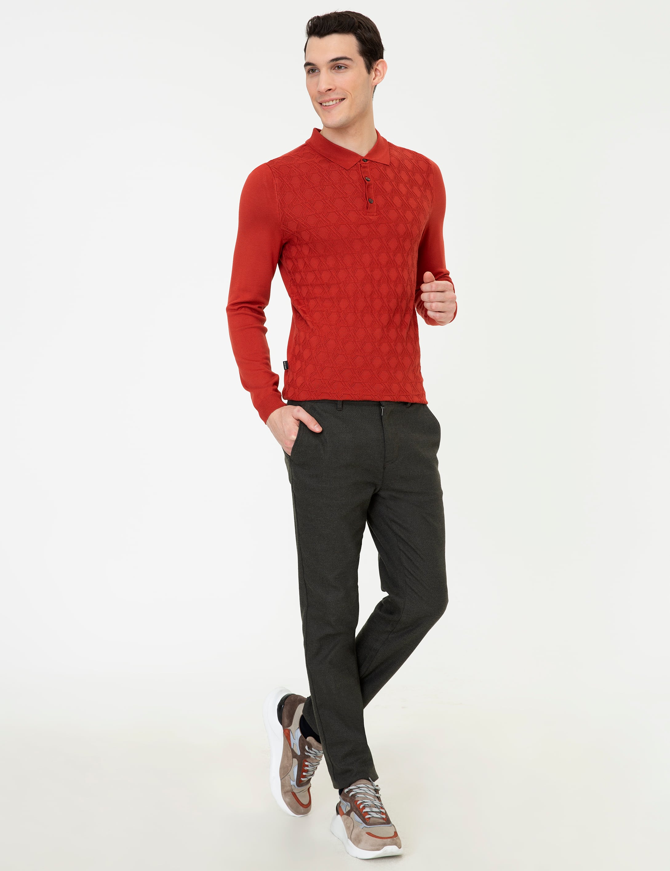 Kiremit Slim Fit Düğmeli Polo Yaka Triko Kazak