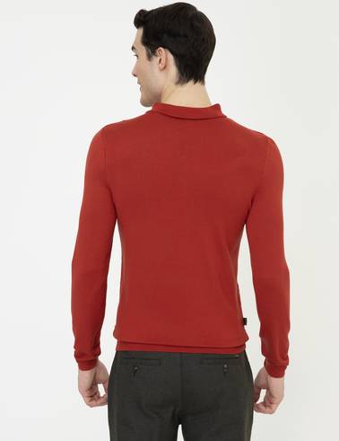 Kiremit Slim Fit Düğmeli Polo Yaka Triko Kazak