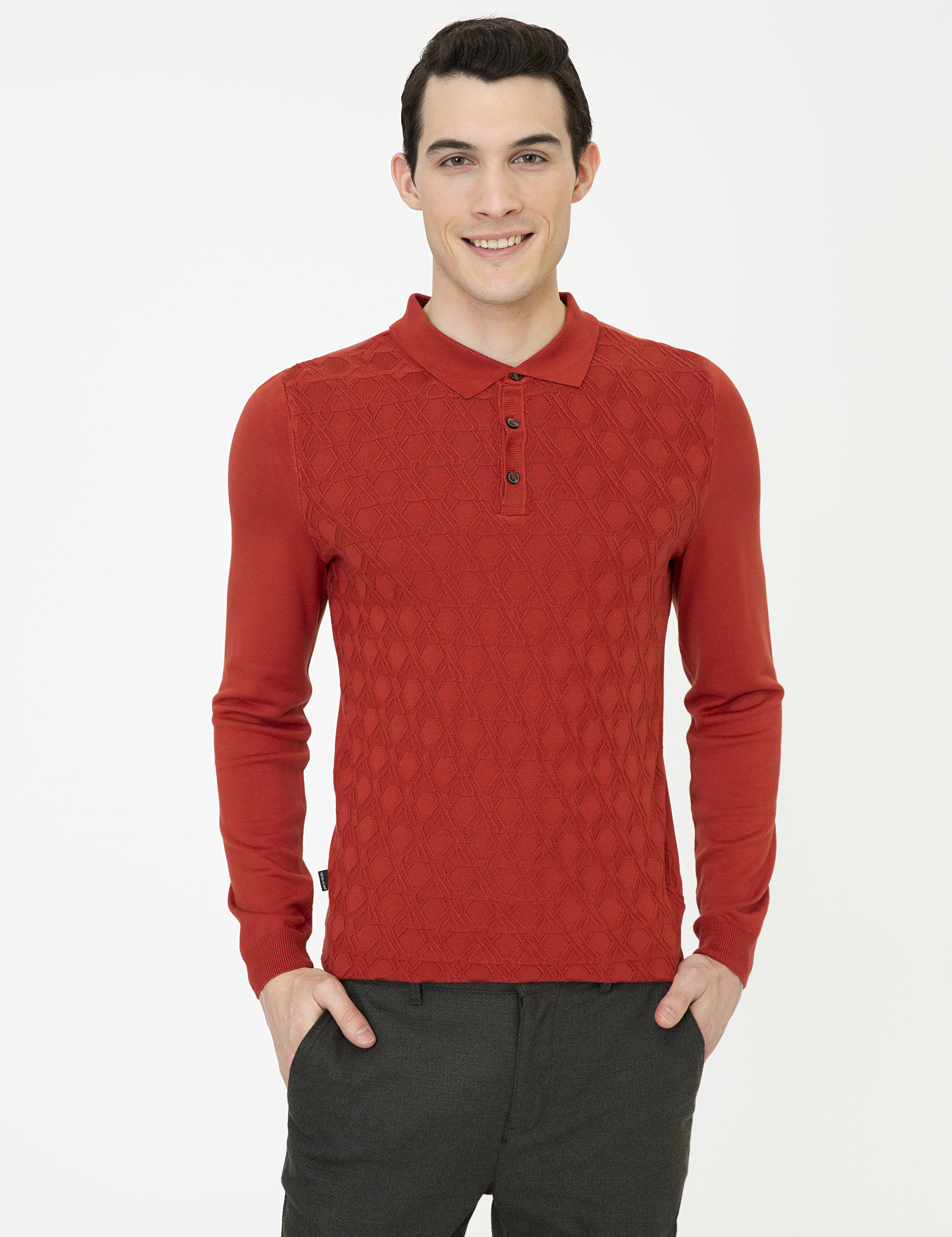 Pierre Cardin Kiremit Slim Fit Düğmeli Polo Yaka Triko Kazak görsel 2