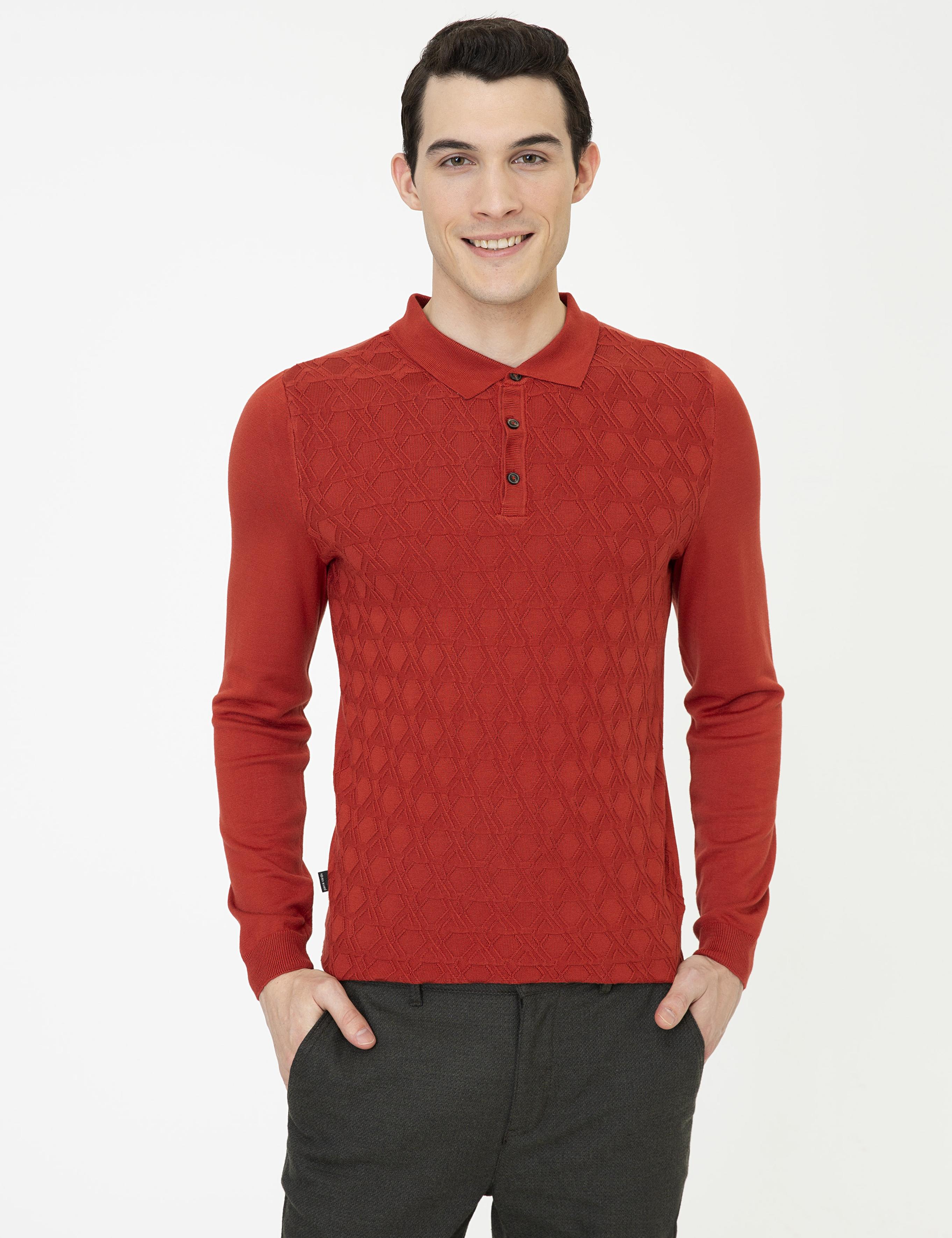 Kiremit Slim Fit Düğmeli Polo Yaka Triko Kazak