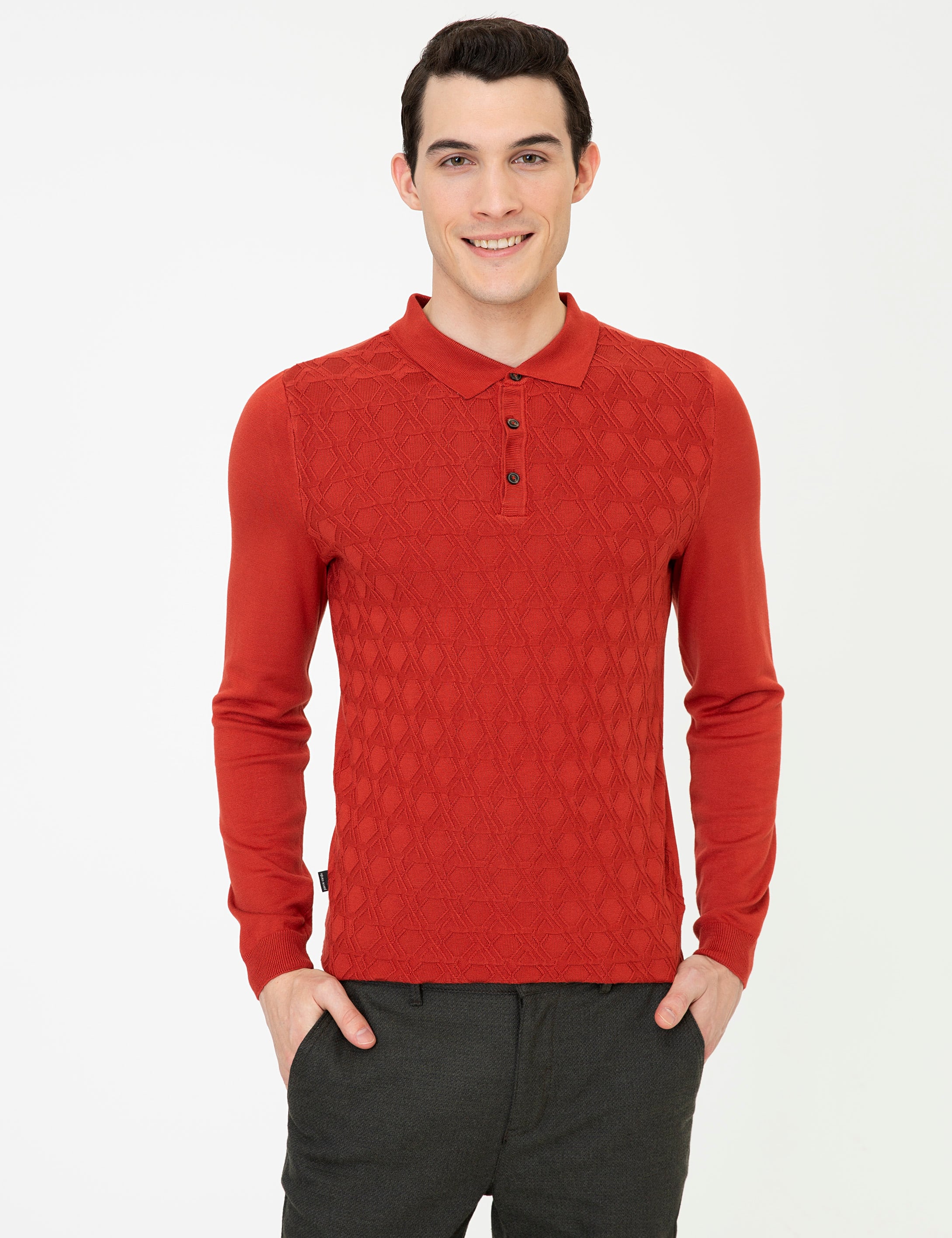 Kiremit Slim Fit Düğmeli Polo Yaka Triko Kazak