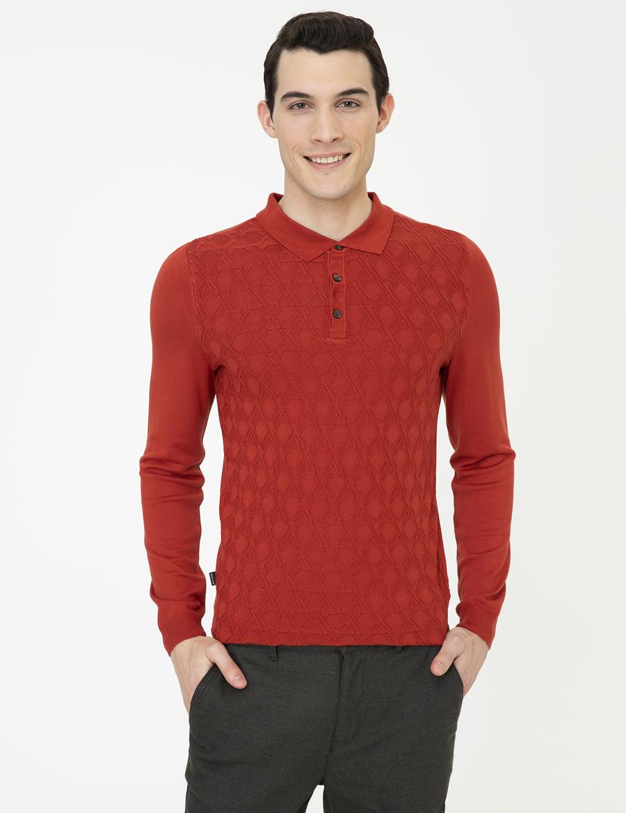 Kiremit Slim Fit Düğmeli Polo Yaka Triko Kazak