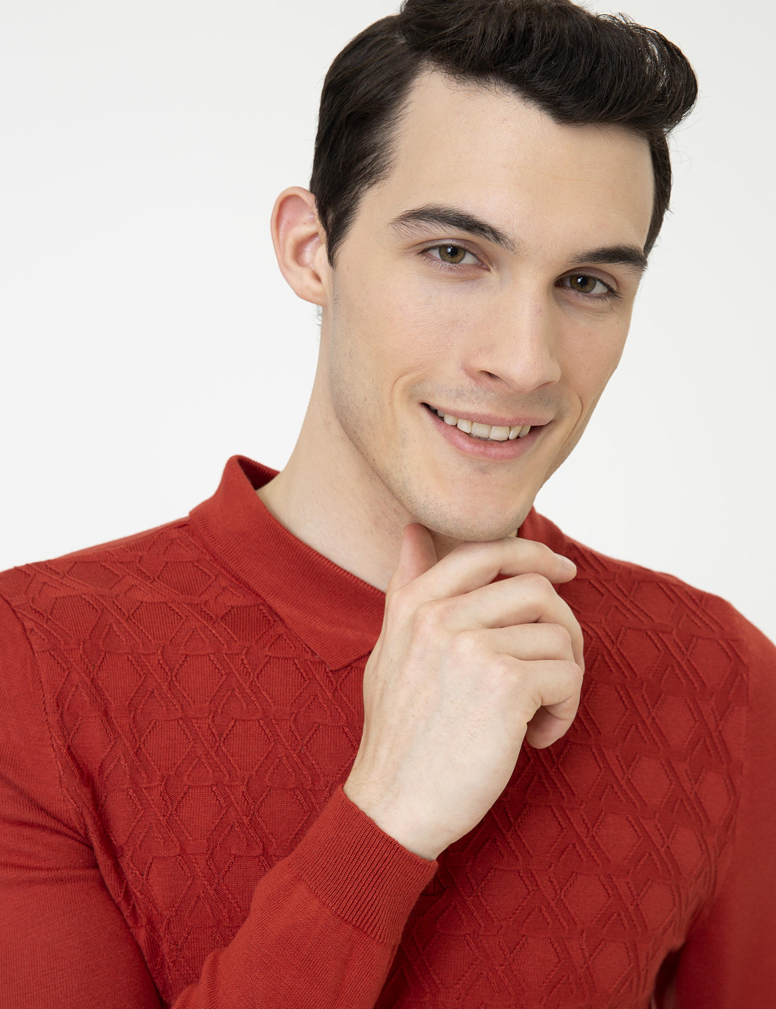 Kiremit Slim Fit Düğmeli Polo Yaka Triko Kazak