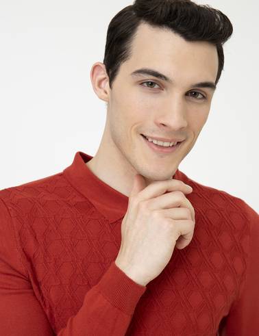 Kiremit Slim Fit Düğmeli Polo Yaka Triko Kazak