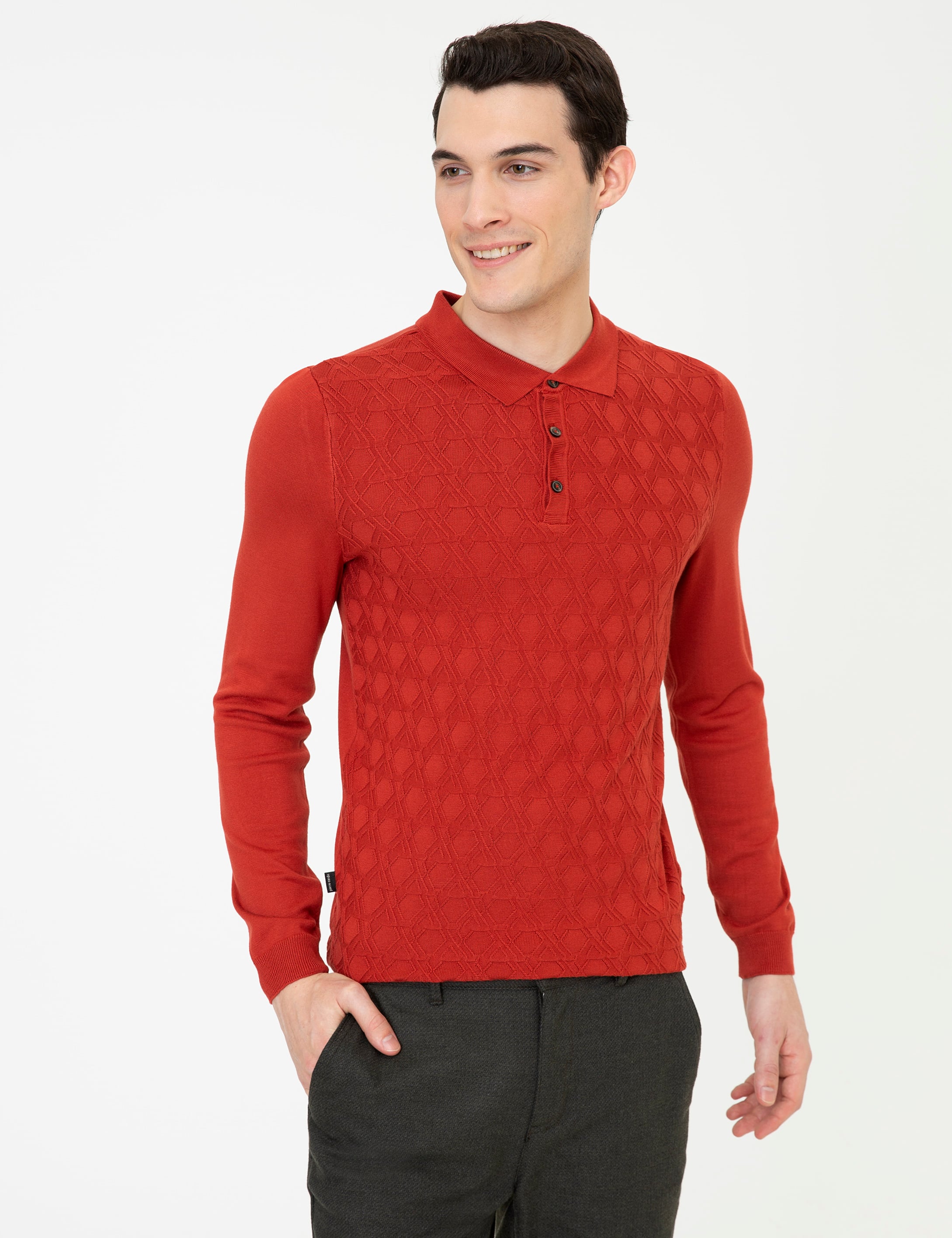 Pierre Cardin Kiremit Slim Fit Düğmeli Polo Yaka Triko Kazak görsel 3