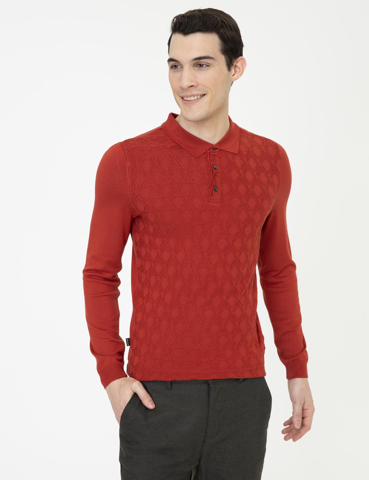 Kiremit Slim Fit Düğmeli Polo Yaka Triko Kazak - 50241379008