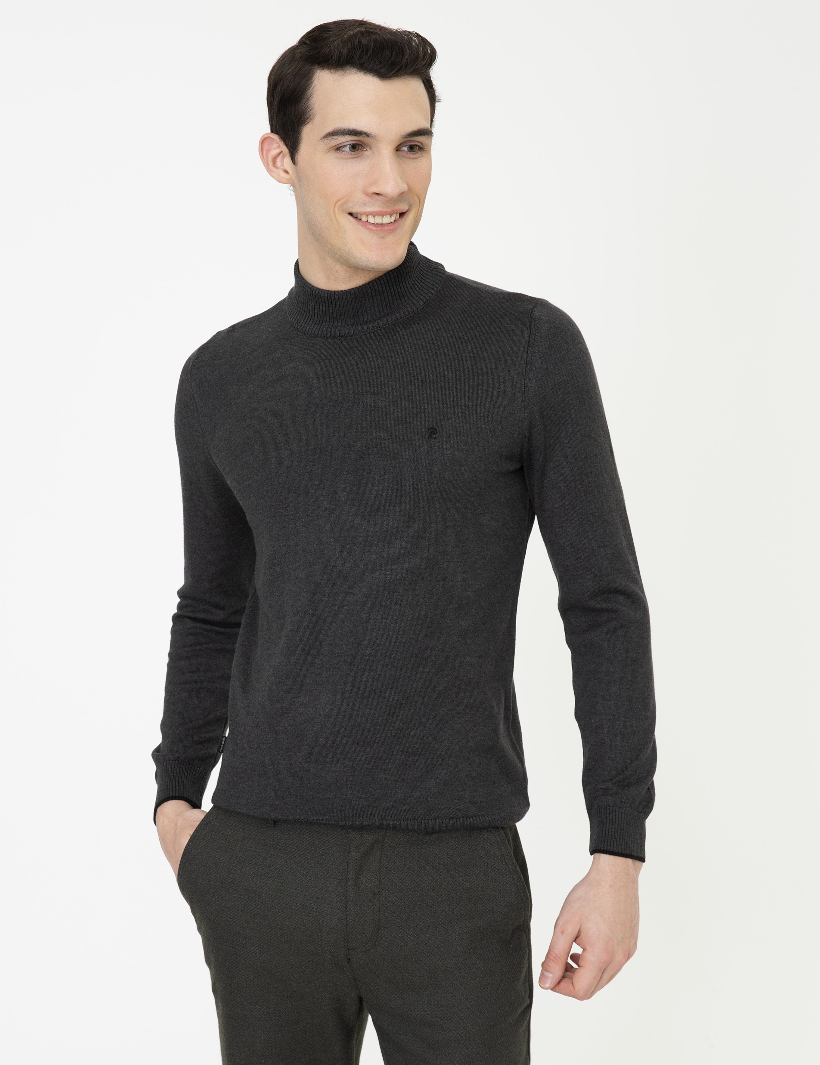 Antrasit Melanj Slim Fit Yarım Balıkçı Yaka Basic Triko Kazak