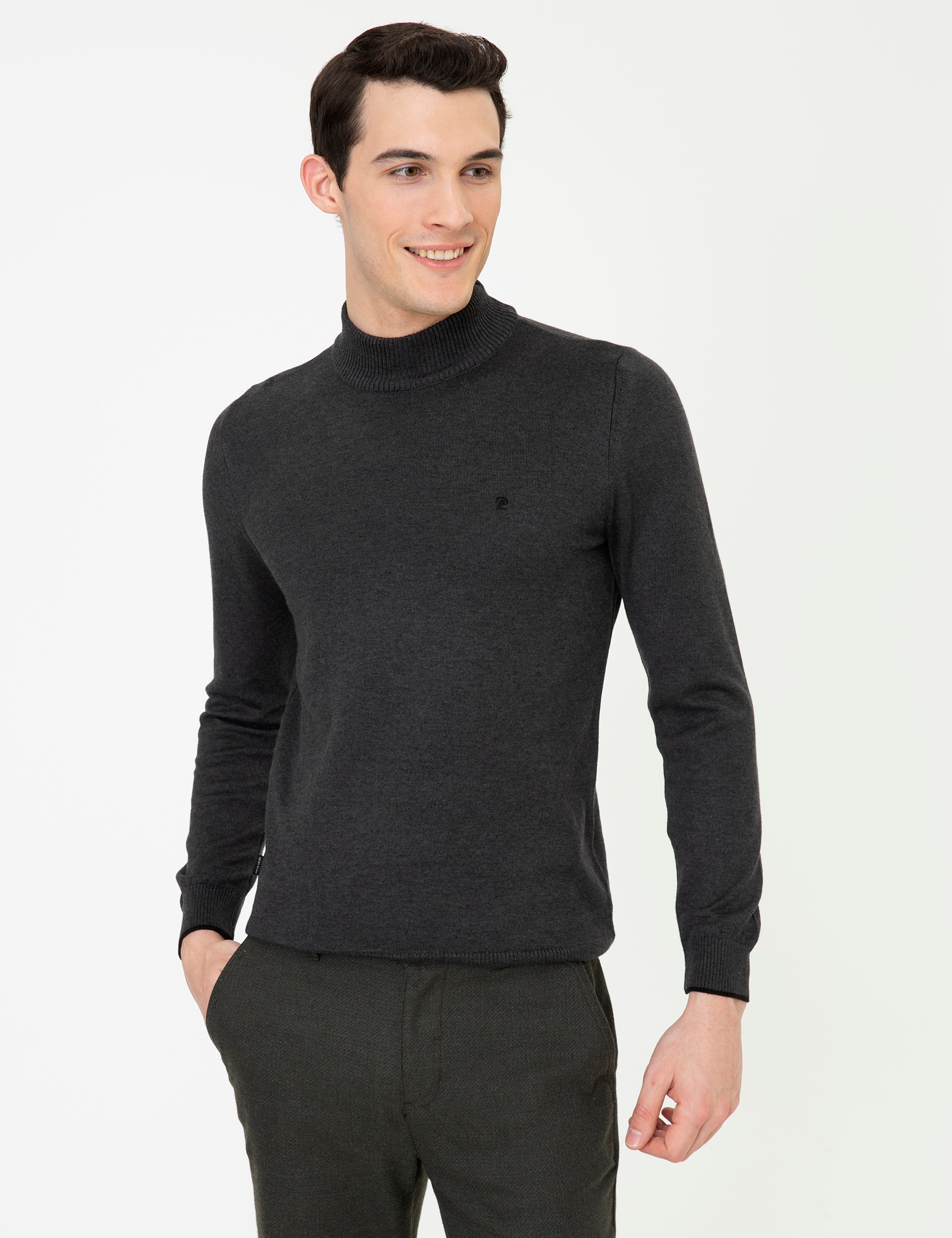 Antrasit Melanj Slim Fit Yarım Balıkçı Yaka Basic Triko Kazak - Image 3