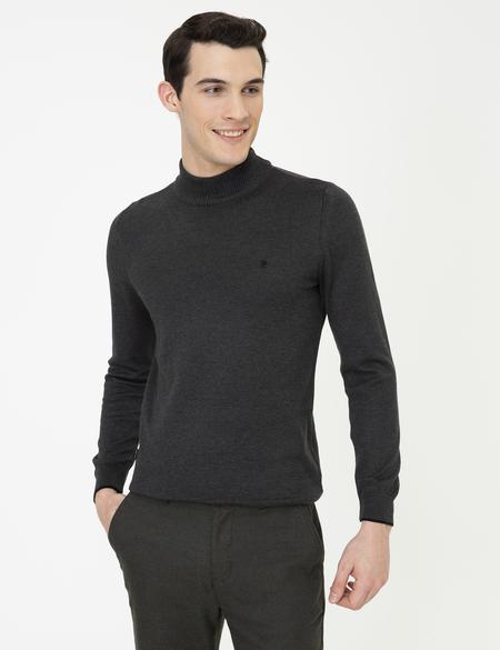 Antrasit Melanj Slim Fit Yarım Balıkçı Yaka Basic Triko Kazak - 50248552048