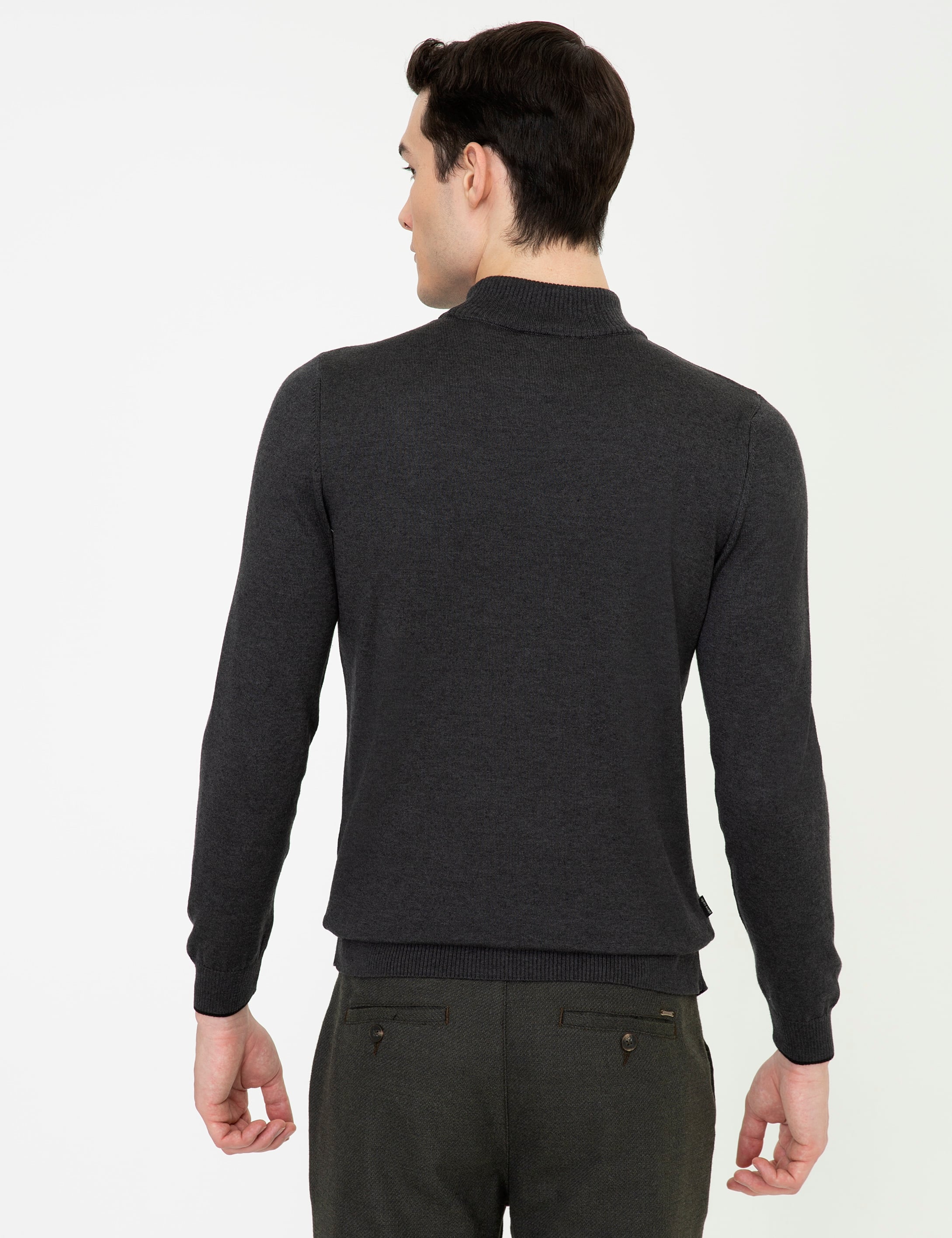 Antrasit Melanj Slim Fit Yarım Balıkçı Yaka Basic Triko Kazak