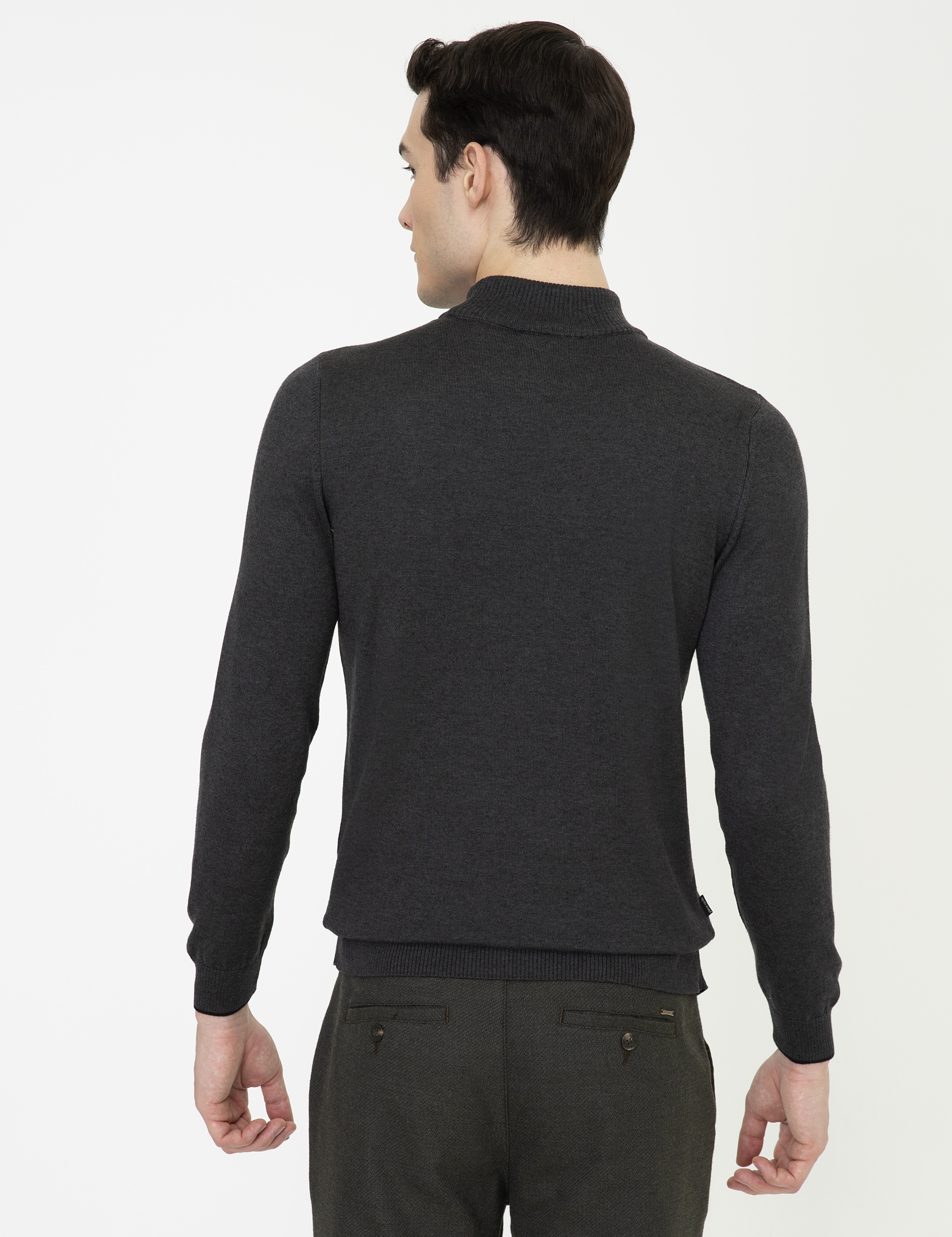 Antrasit Melanj Slim Fit Yarım Balıkçı Yaka Basic Triko Kazak