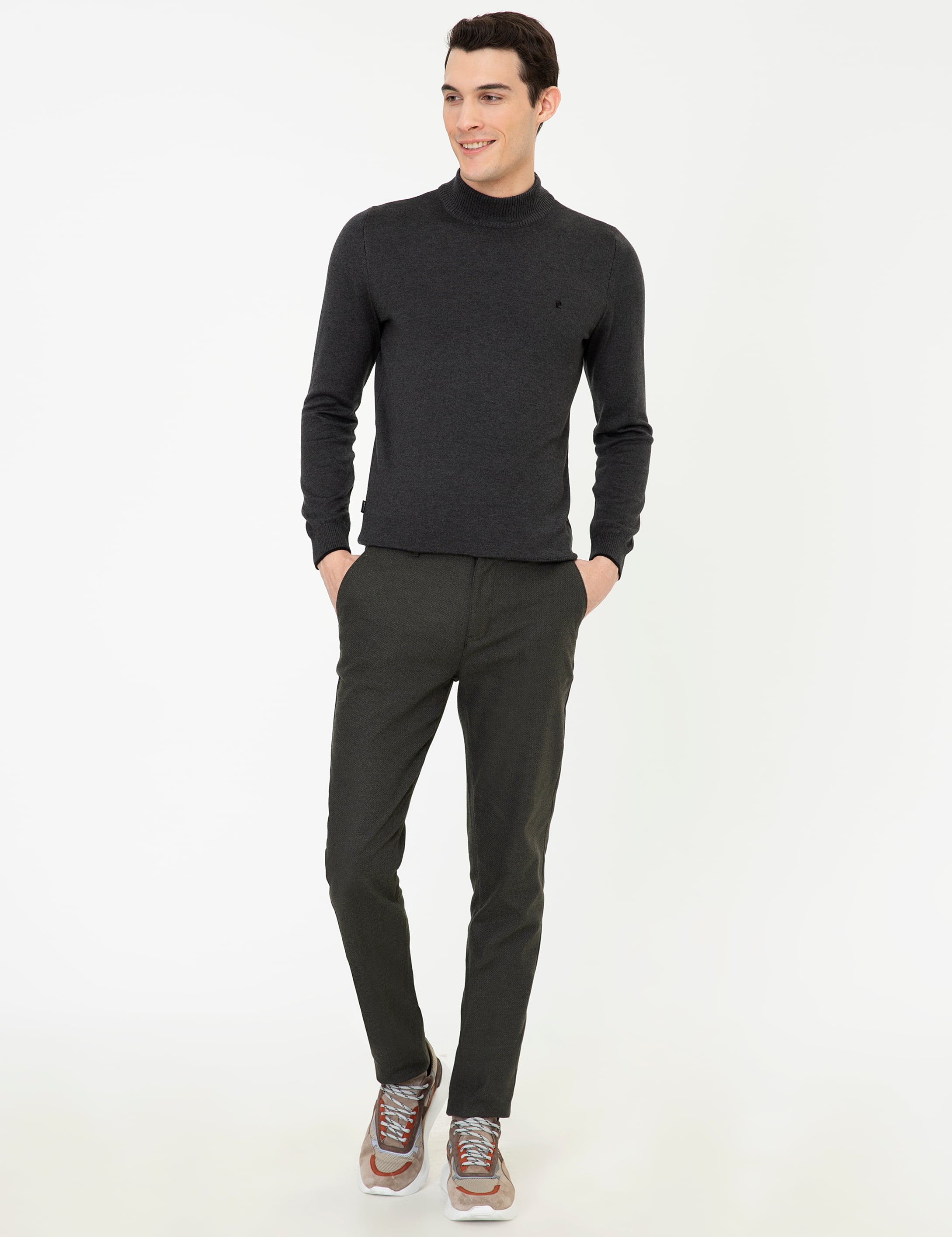 Antrasit Melanj Slim Fit Yarım Balıkçı Yaka Basic Triko Kazak