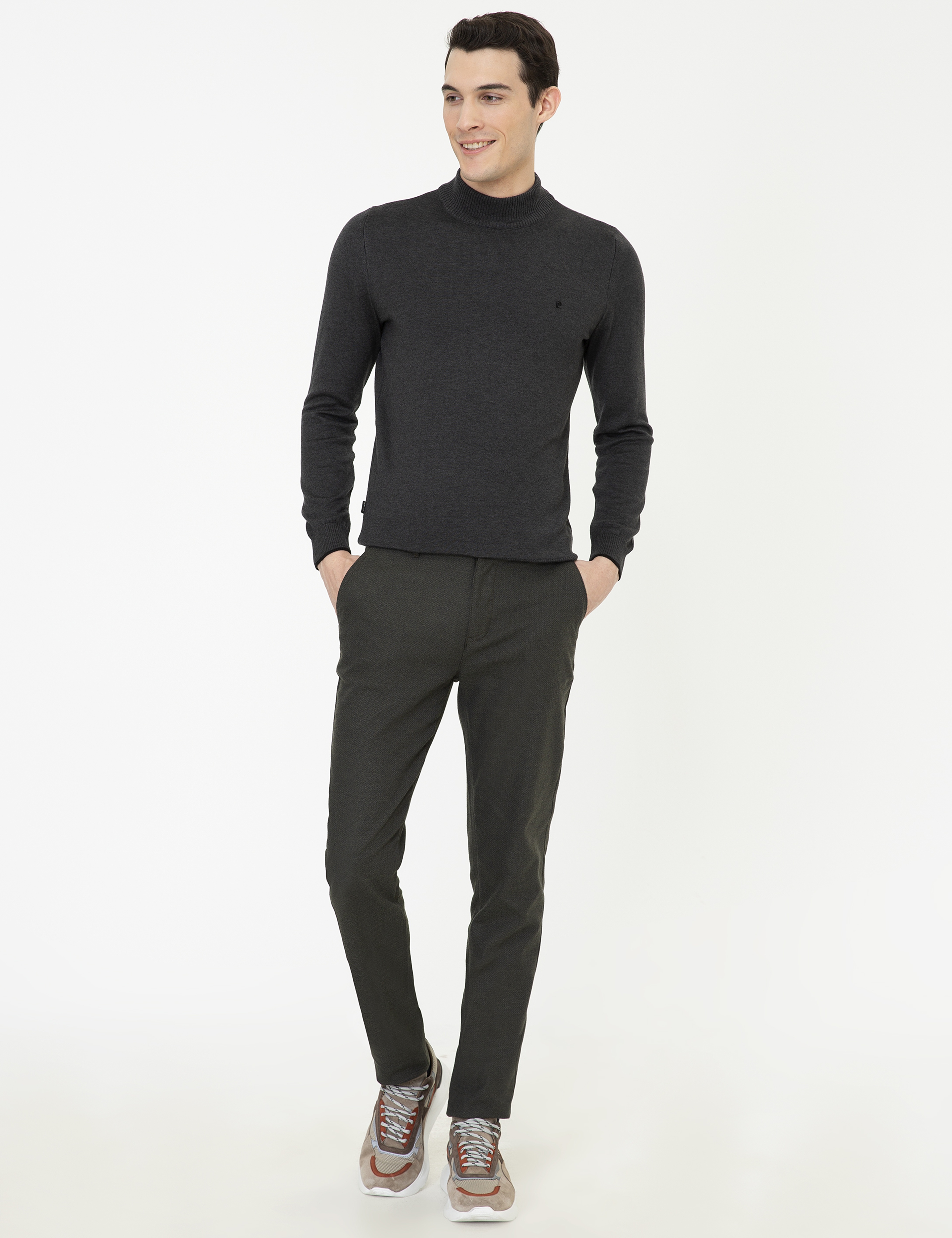 Antrasit Melanj Slim Fit Yarım Balıkçı Yaka Basic Triko Kazak