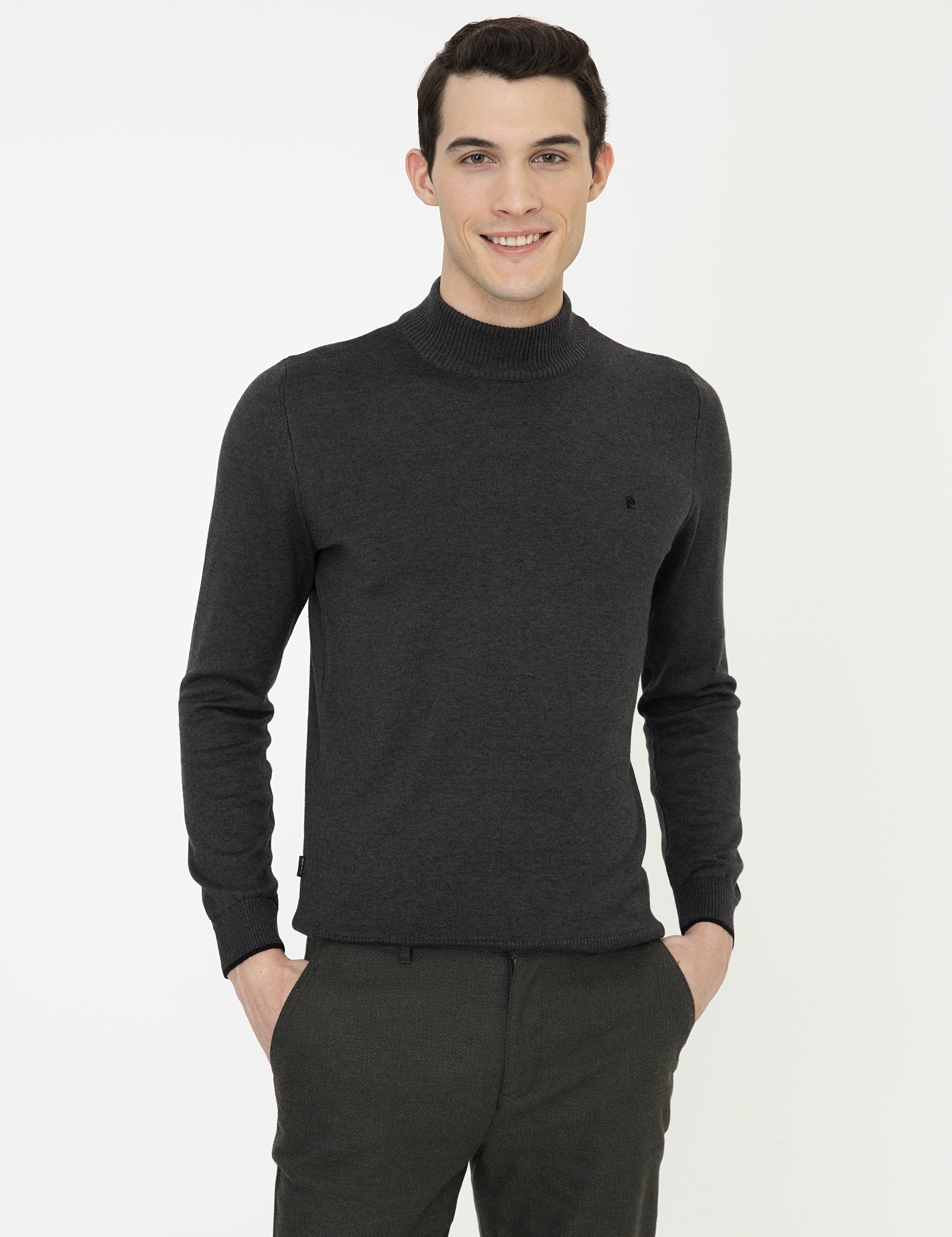 Antrasit Melanj Slim Fit Yarım Balıkçı Yaka Basic Triko Kazak - Image 1