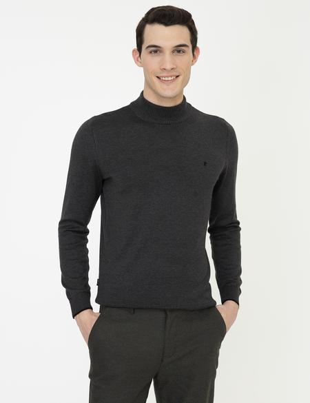 Antrasit Melanj Slim Fit Yarım Balıkçı Yaka Basic Triko Kazak - 50248552048