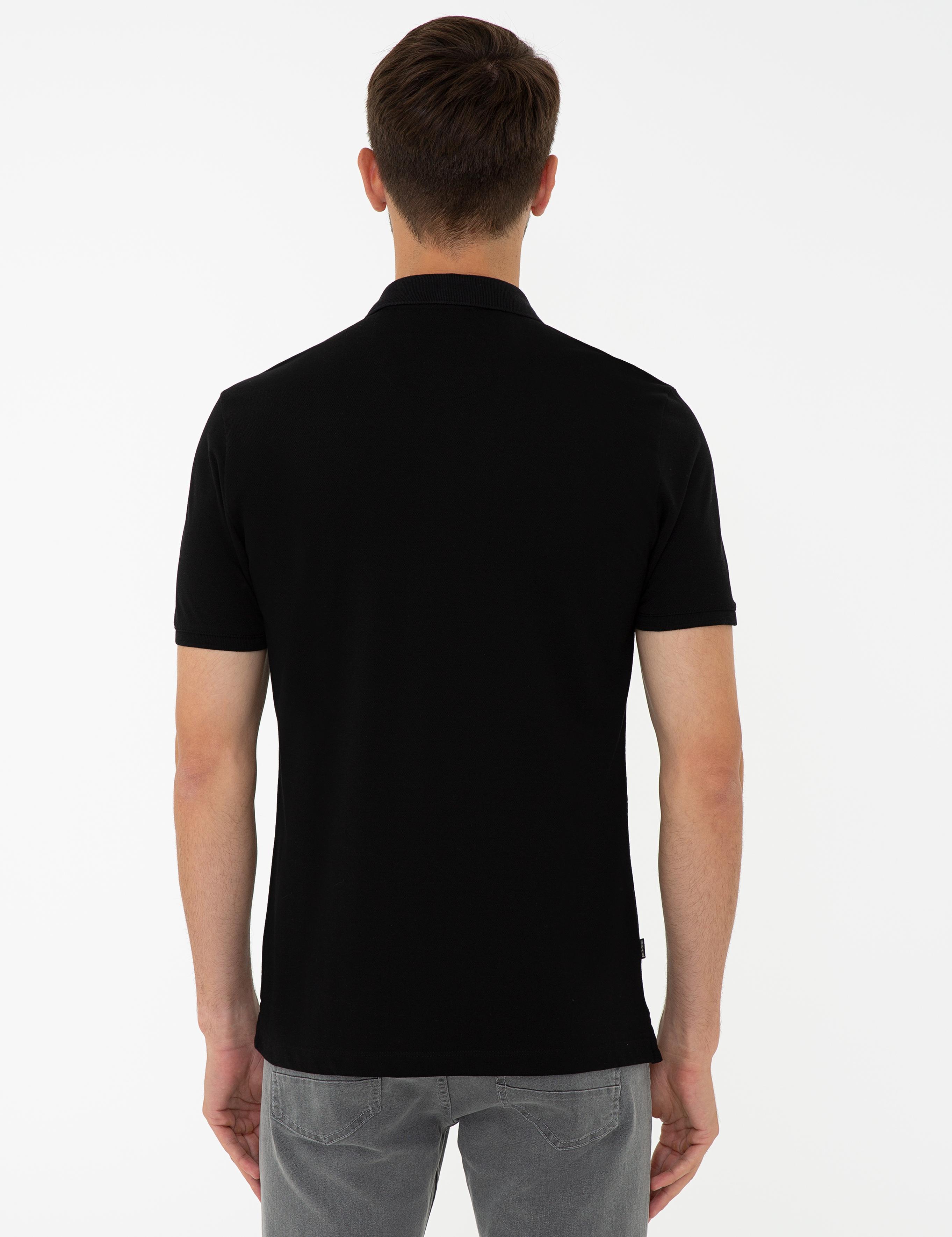 Siyah Slim Fit Baskılı Polo Yaka Tişört