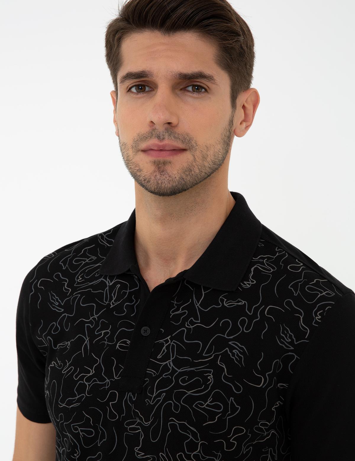 Siyah Slim Fit Baskılı Polo Yaka Tişört - 50238230005