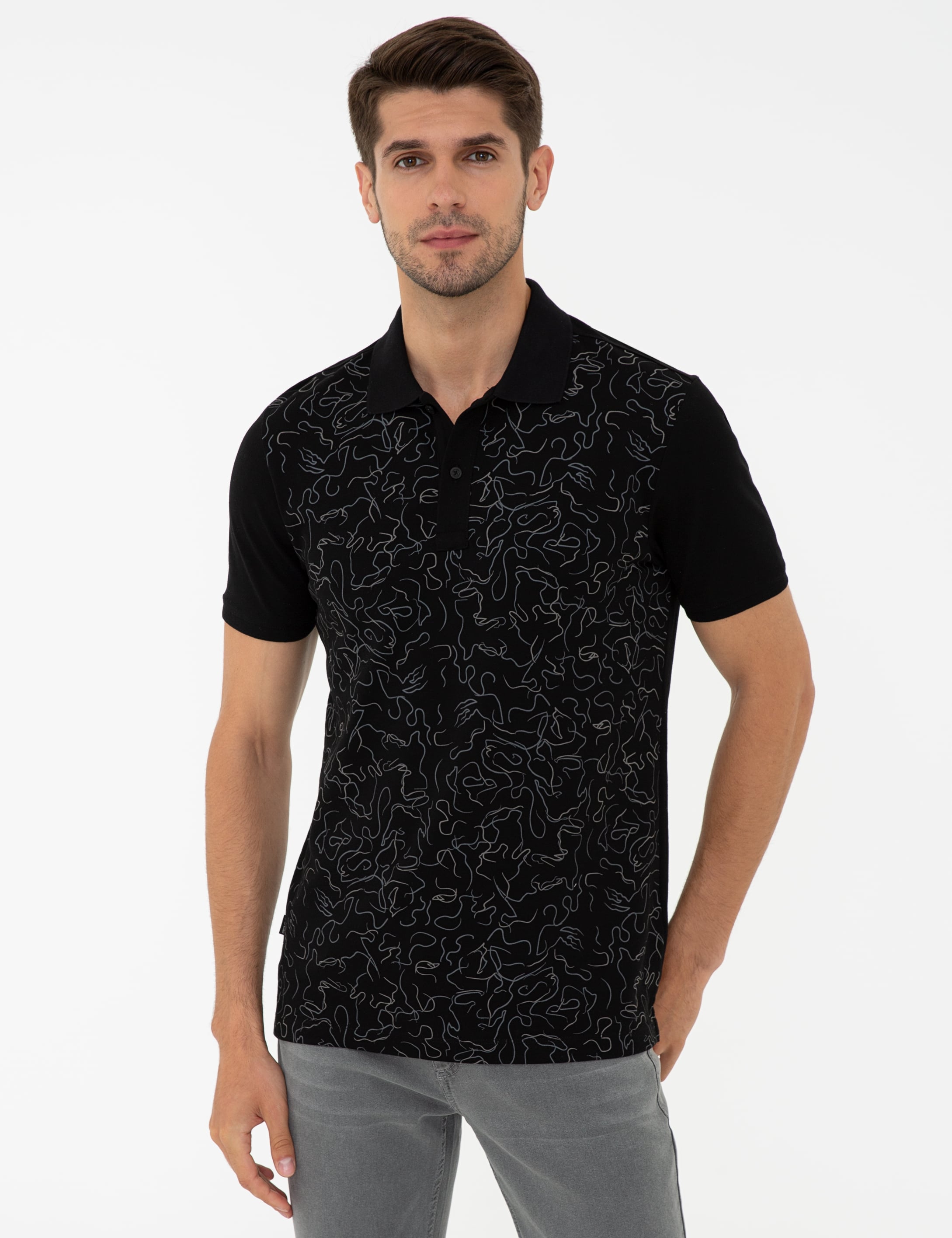 Siyah Slim Fit Baskılı Polo Yaka Tişört