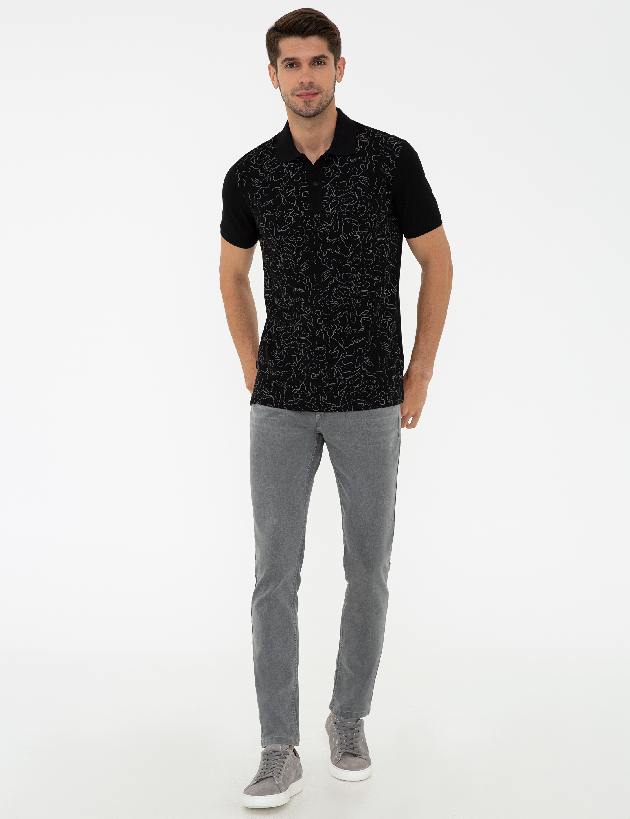 Siyah Slim Fit Baskılı Polo Yaka Tişört - Image 4