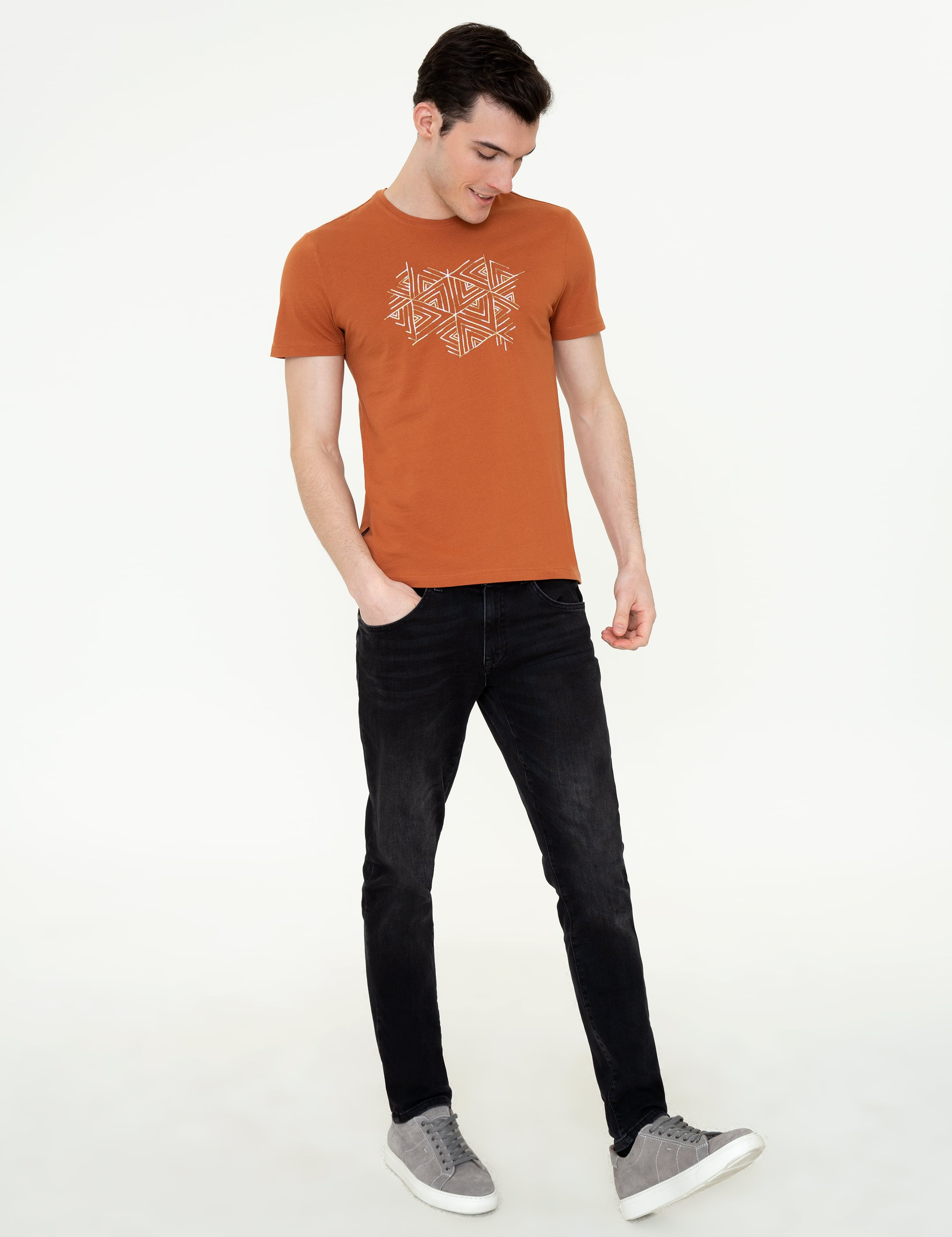 Kahverengi Slim Fit Bisiklet Yaka Tişört - Image 4