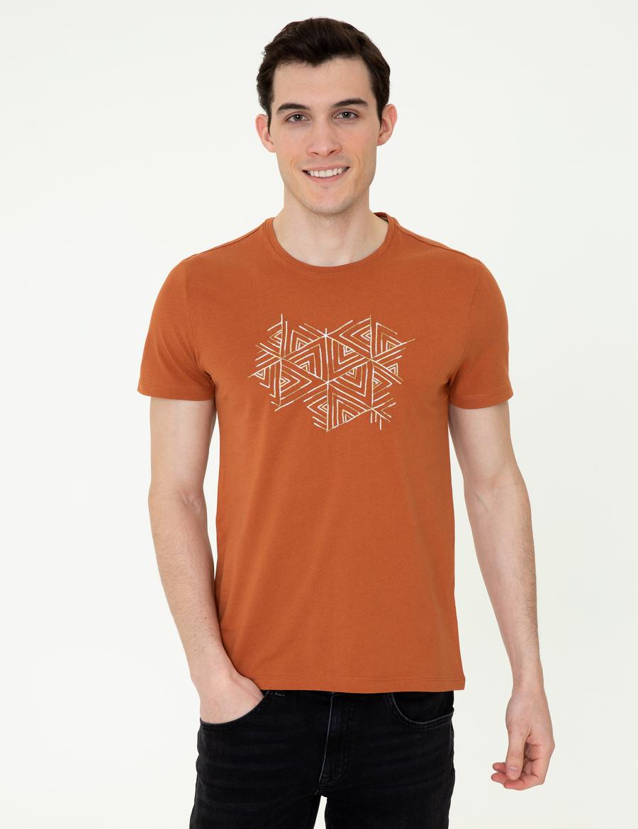 Kahverengi Slim Fit Bisiklet Yaka Tişört